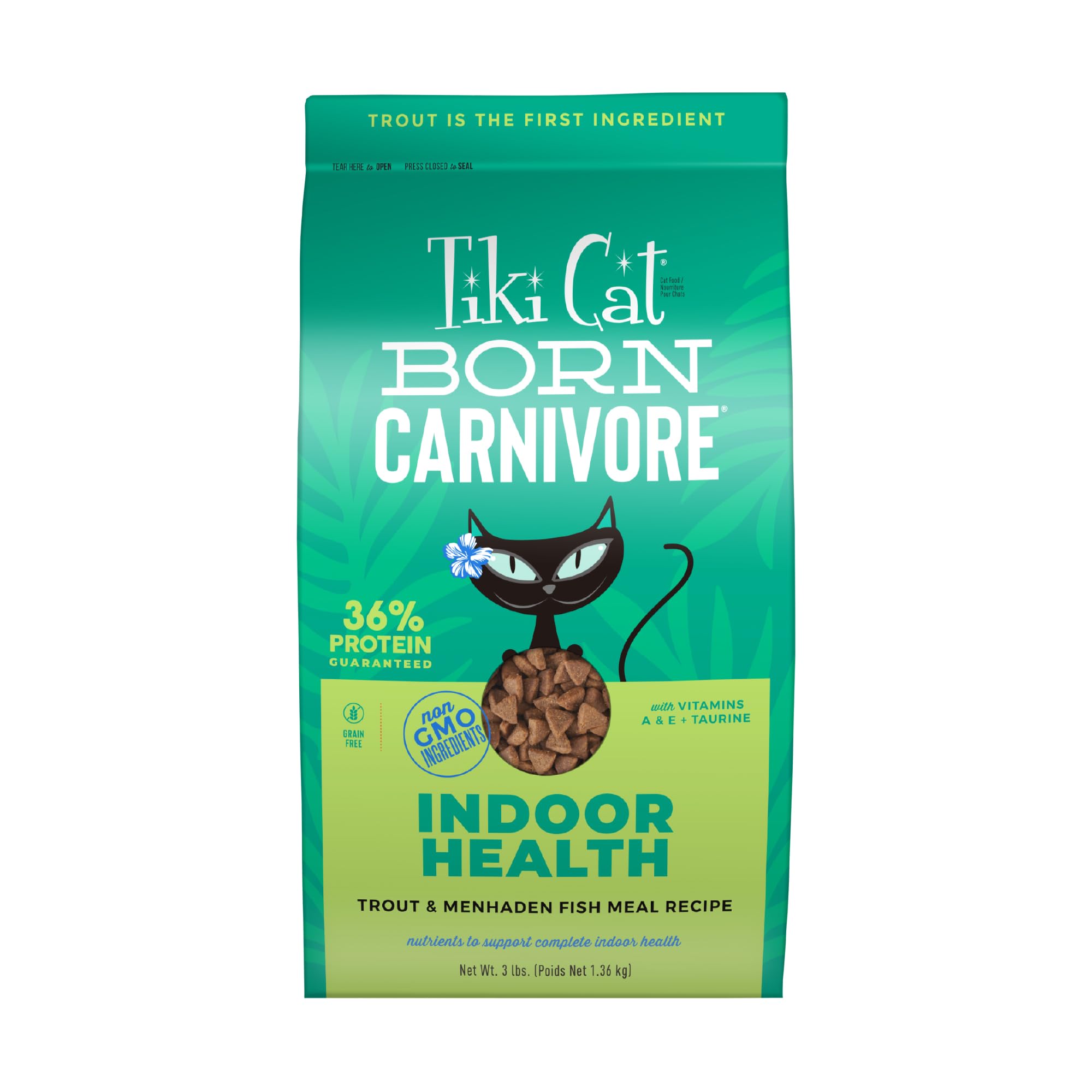 Tiki Cat Born Carnivore Indoor Health Dry Cat Food, Trout & Menhaden Fish Meal, 3 lbs. Bag