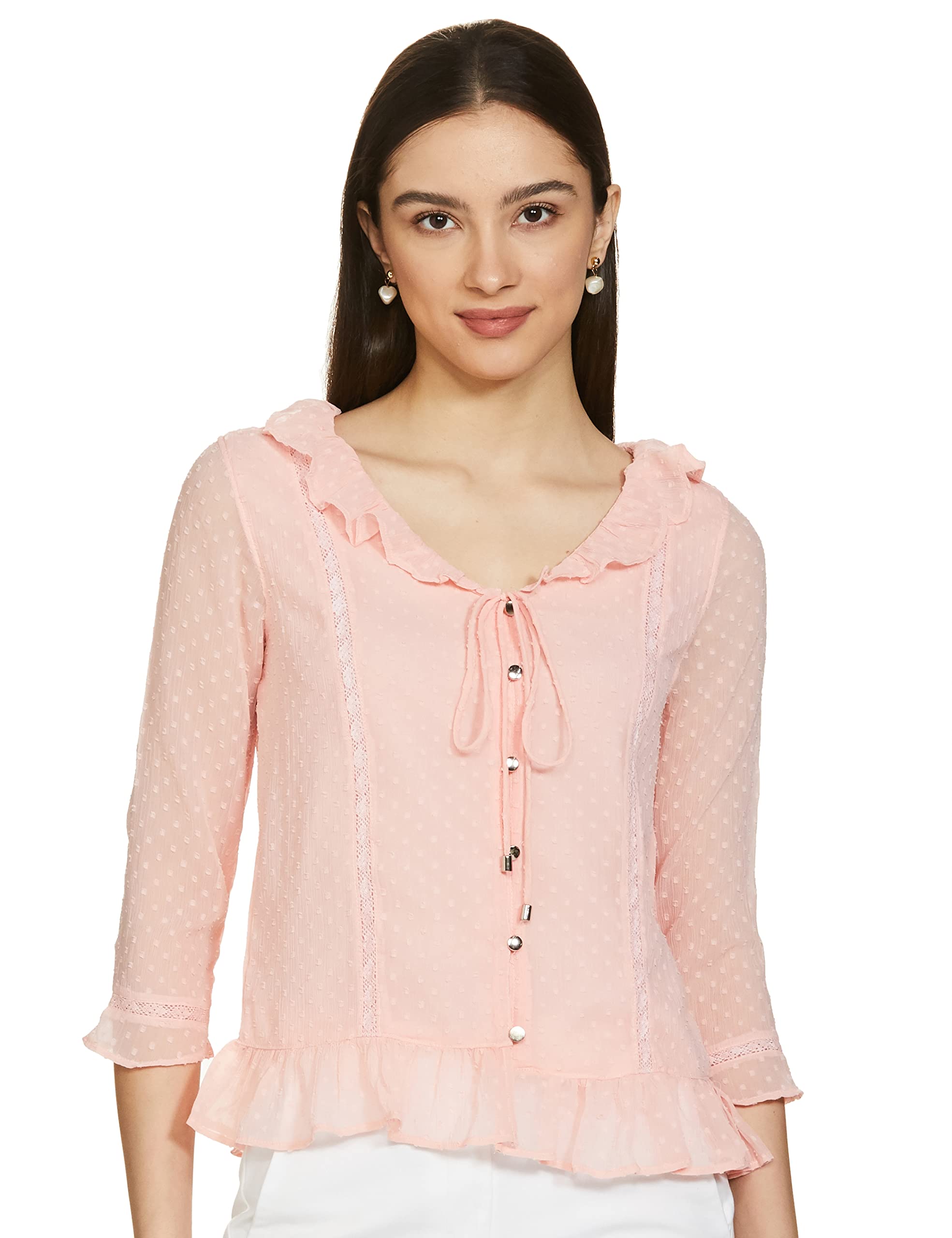 max Women Polyester Regular Fit Textured Ruffled Tie-Up Neck Top-picture-10