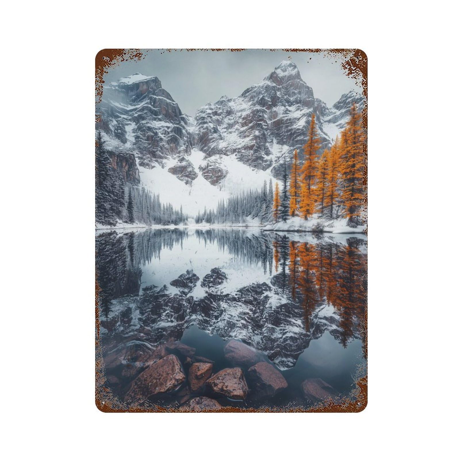 Rust Effect Snowy Mountain Reflection Distressed Metal Wall Sign 15.7"x11.8", Decorative Metal Wall Art for Living Room, Hallway And Home Decor
