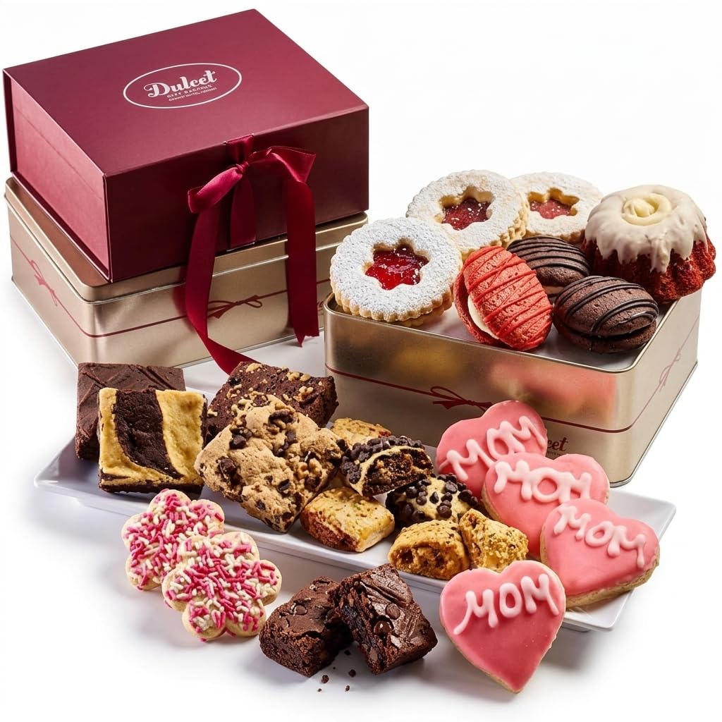 Dulcet Gift Baskets Grand Gourmet Mothers Day Two Tower Party Basket — Sugar Cookies & Fresh Baked Pastries, Gift for Mom from Dad, Son & Daughter - Personal Note Option Available
