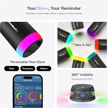 Hidrate Spark PRO Smart Water Bottle Insulated Stainless Steel Tracks Water Intake with Bluetooth, LED Glow Reminder When You Need to Drink Chug Lid, 32oz, Black