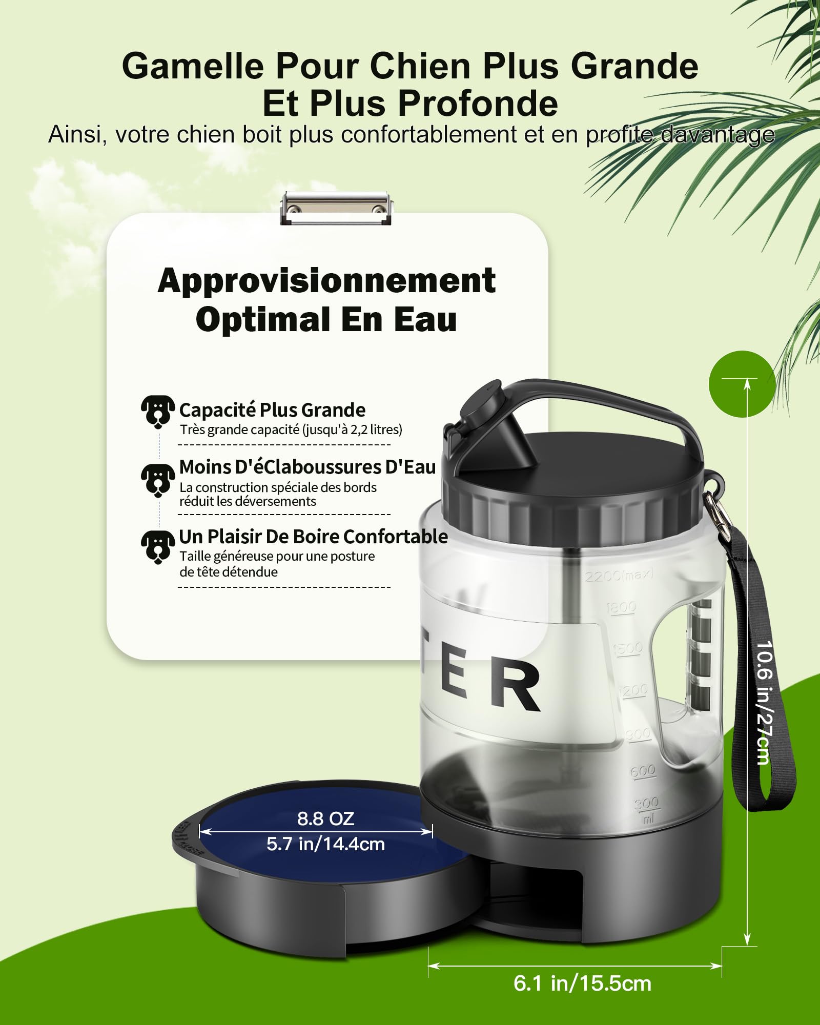 lesotc 2200ml Gourde Chien Promenade, Bouteille d'eau Portable pour Chien, Prévention des Fuites d'eau, Convient pour l'Extérieur, Les Voyages, La Marche, Le Camping Et d'autres Scènes（Noir）