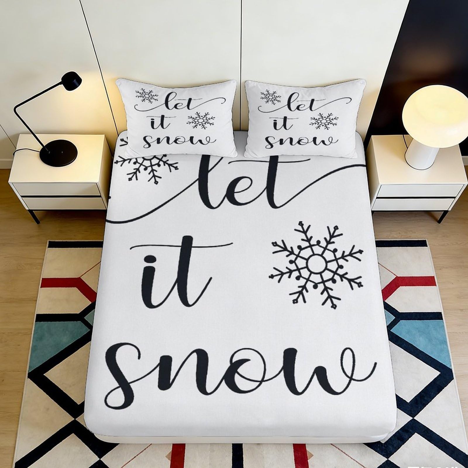 3D Printed Snowflake Letter Fitted Sheet Microfiber Deep Pocket Bedroom Bedding Snowflake Letter Mattress Fitted Cover Elastic Hem Washable 90x200x25cm