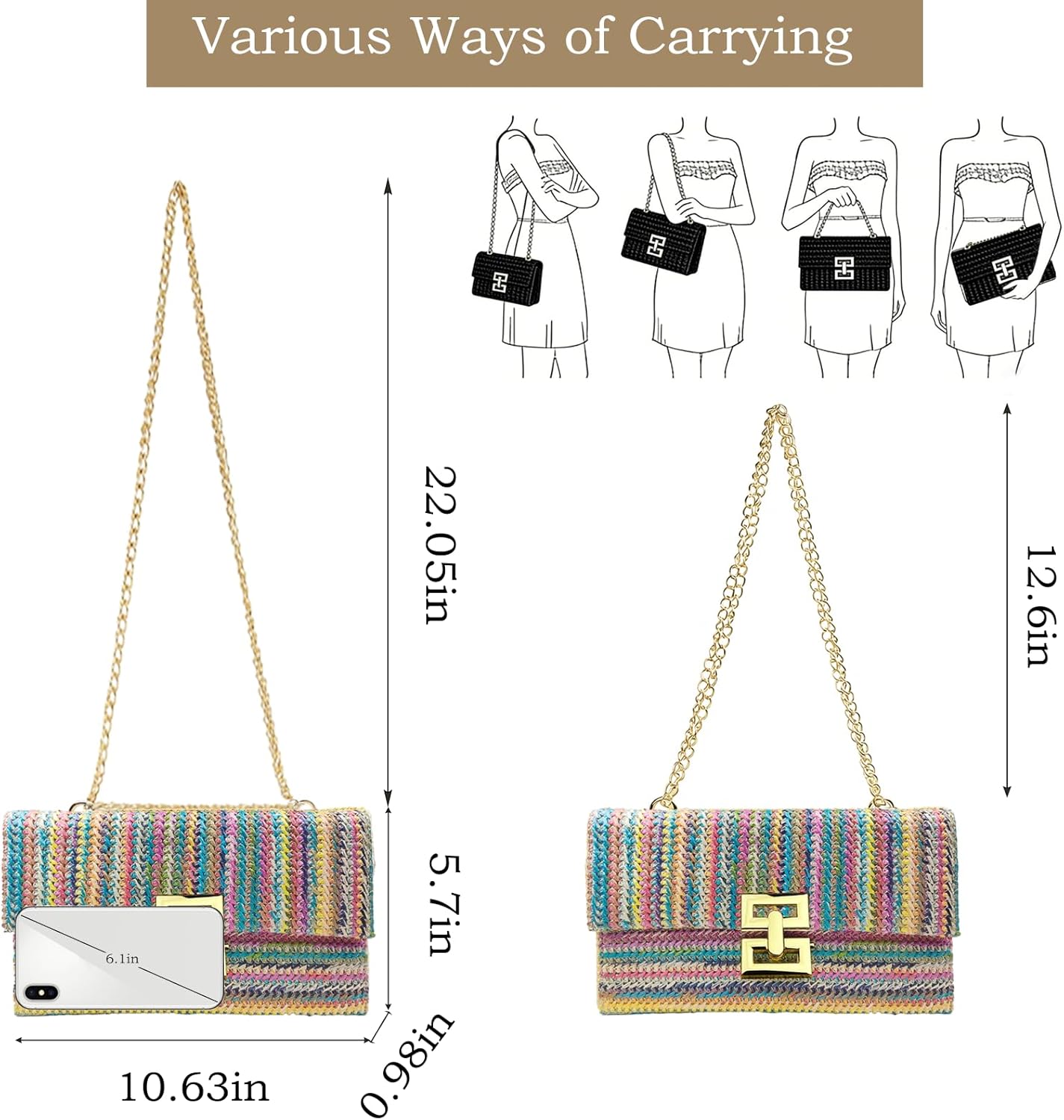 Women Straw Chain Clutch Purse with Fixed Adjustable Chain for Summer Beach Evening Vacation Party
