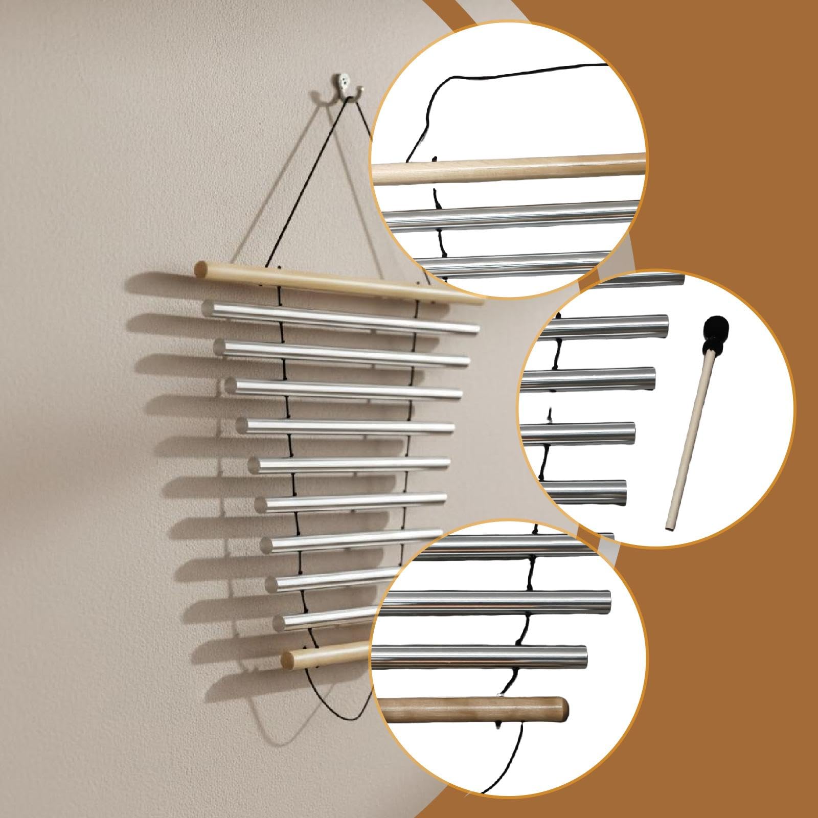 Campana de viento para meditación, instrumento de percusión portátil de 9 tonos para gestión del aula, oficina y para Regalo ideal, Plata