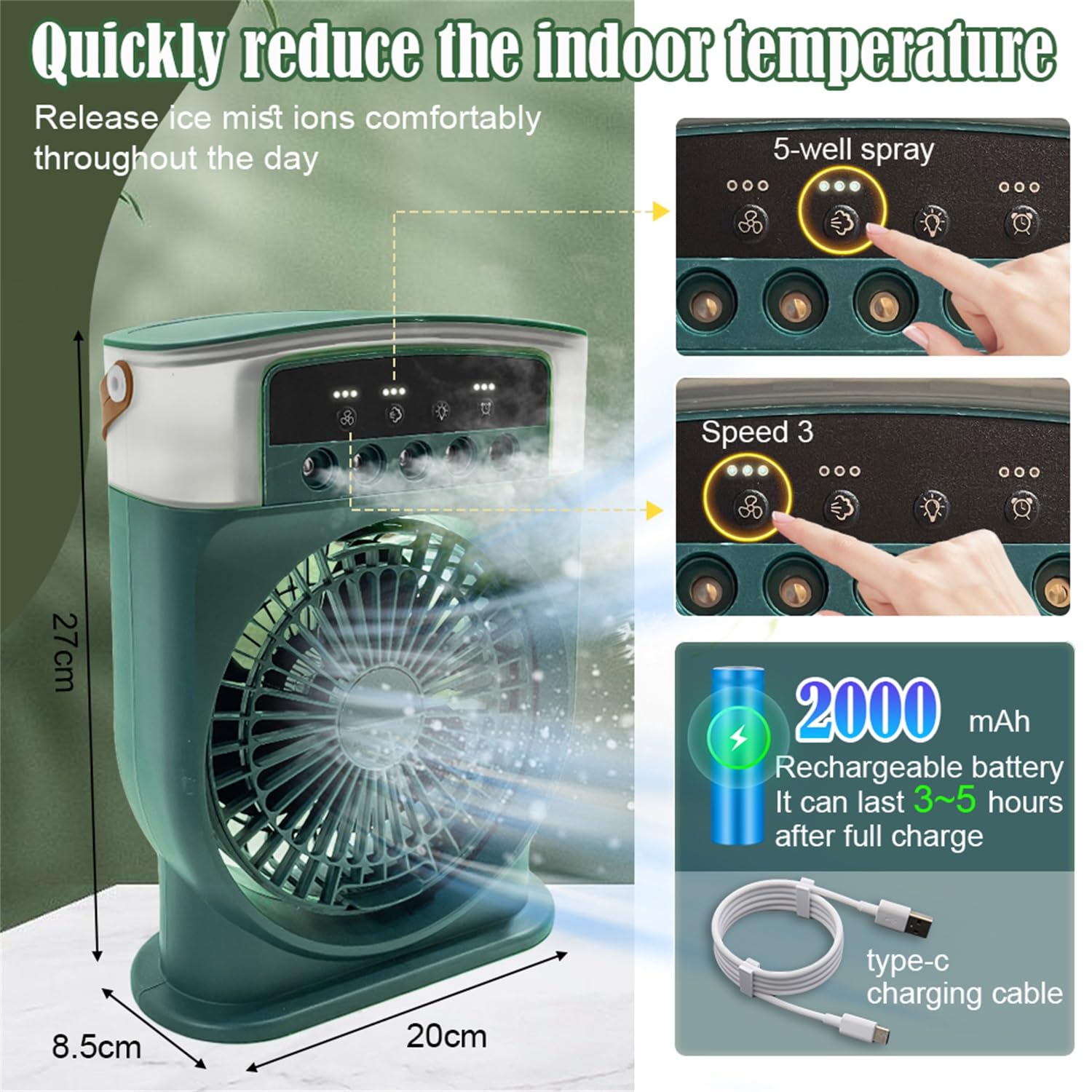 Mobile Klimaanlage Leise 4 in 1, Luftkühler Mini mit Akku, Klimagerät Mobil ohne Abluftschlauch, Mini Klimaanlage Tragbar, Air Conditioner mit Verdunstungskühlung Ventilator Type-C mit Timer (Weiß)