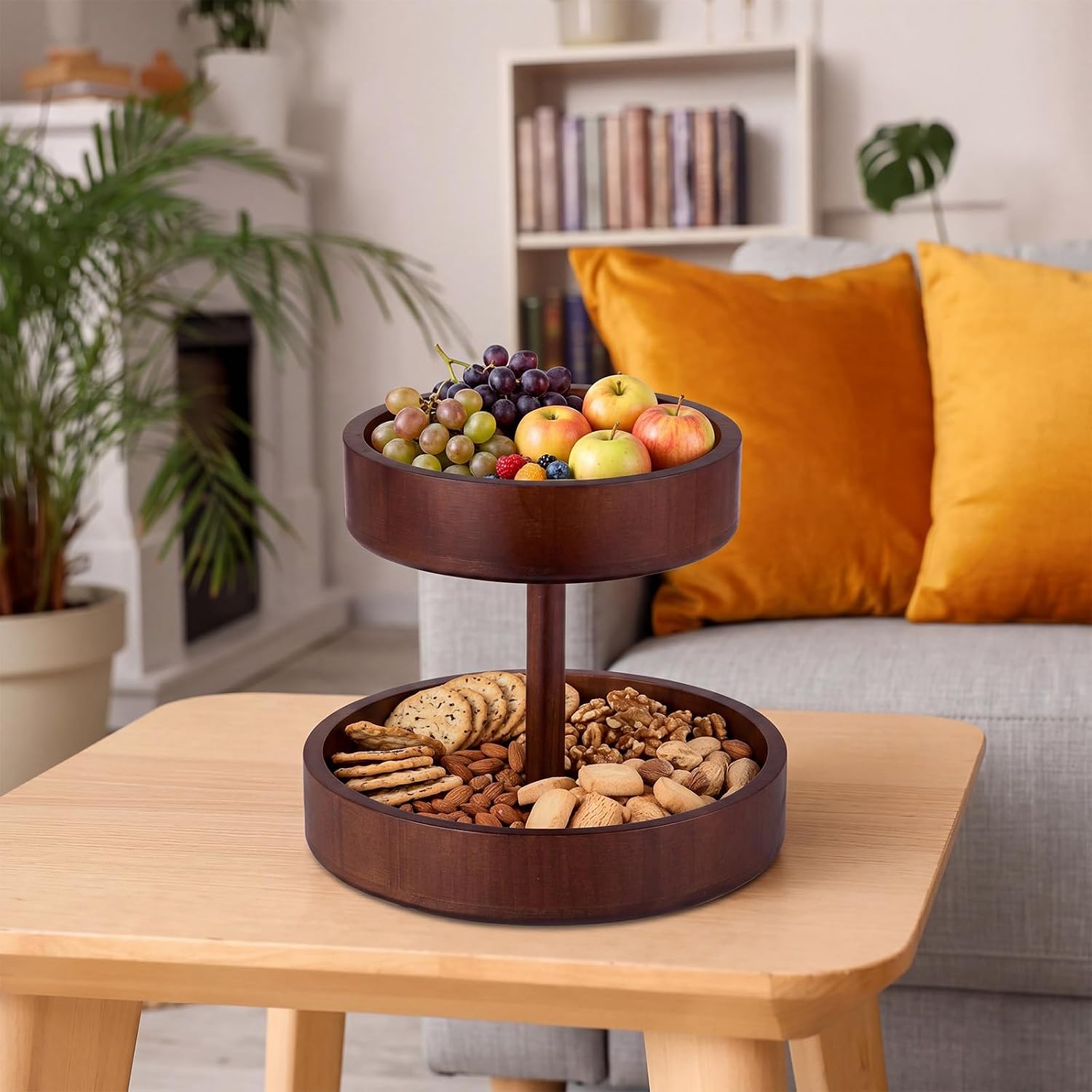 LemonRoad 2 Tier Round Wood Fruit Bowl 8 Inch & 10 Inch Wooden Fruit Basket Bread Bowl Detachable Vegetable Holder Organizer Stand for Kitchen Counter Dessert Platter Tray Dish Dining Snack(Brown)