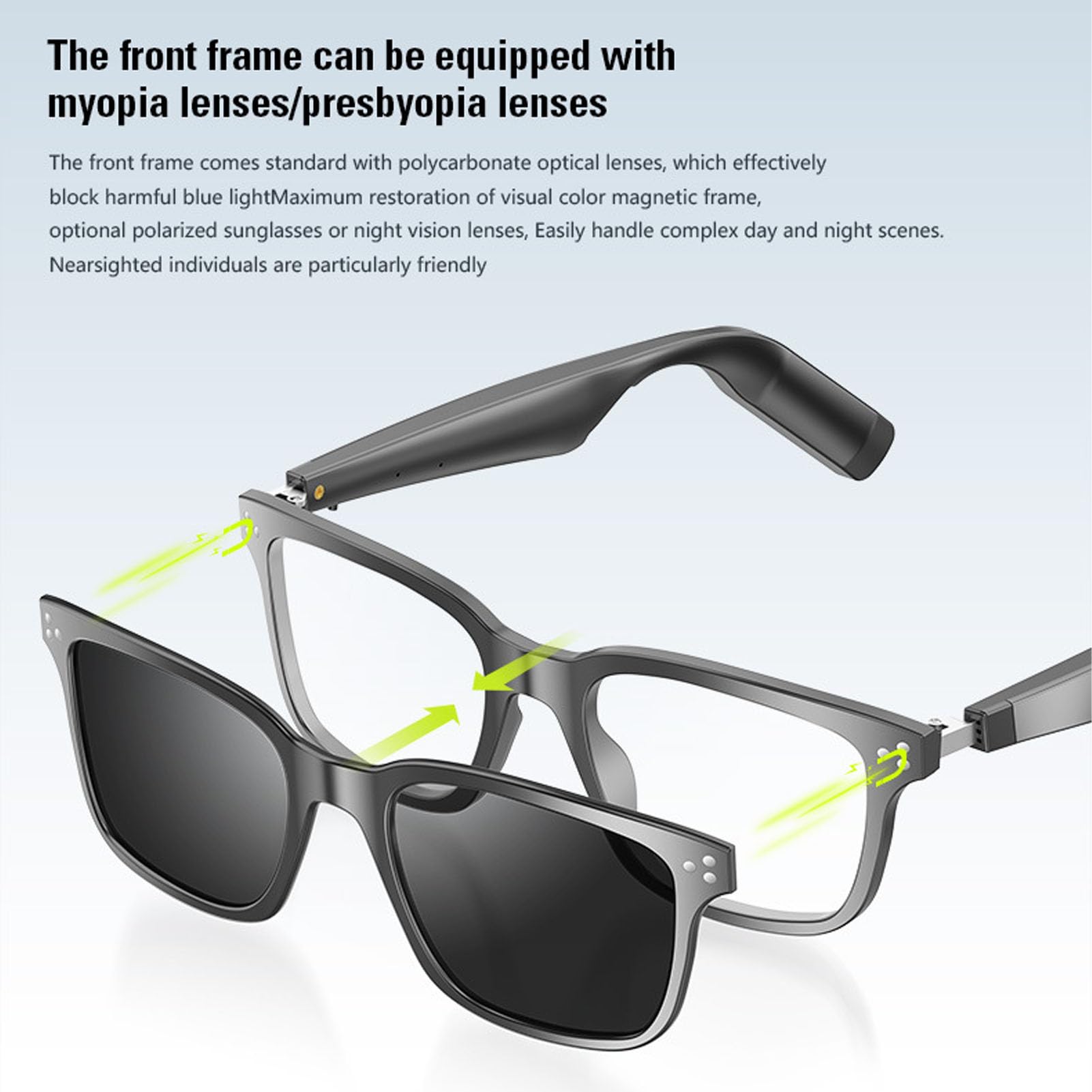 Anti-Blaulicht-Smart-Brille, Abnehmbare Polarisierte Gläser, Bluetooth-Sonnenbrille für Outdoor-Sport- und Musikliebhaber