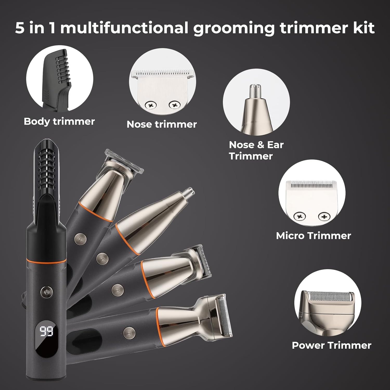 Diagram of 5-in-1 trimmer heads: Body, Nose, Nose & Ear, Micro, Power