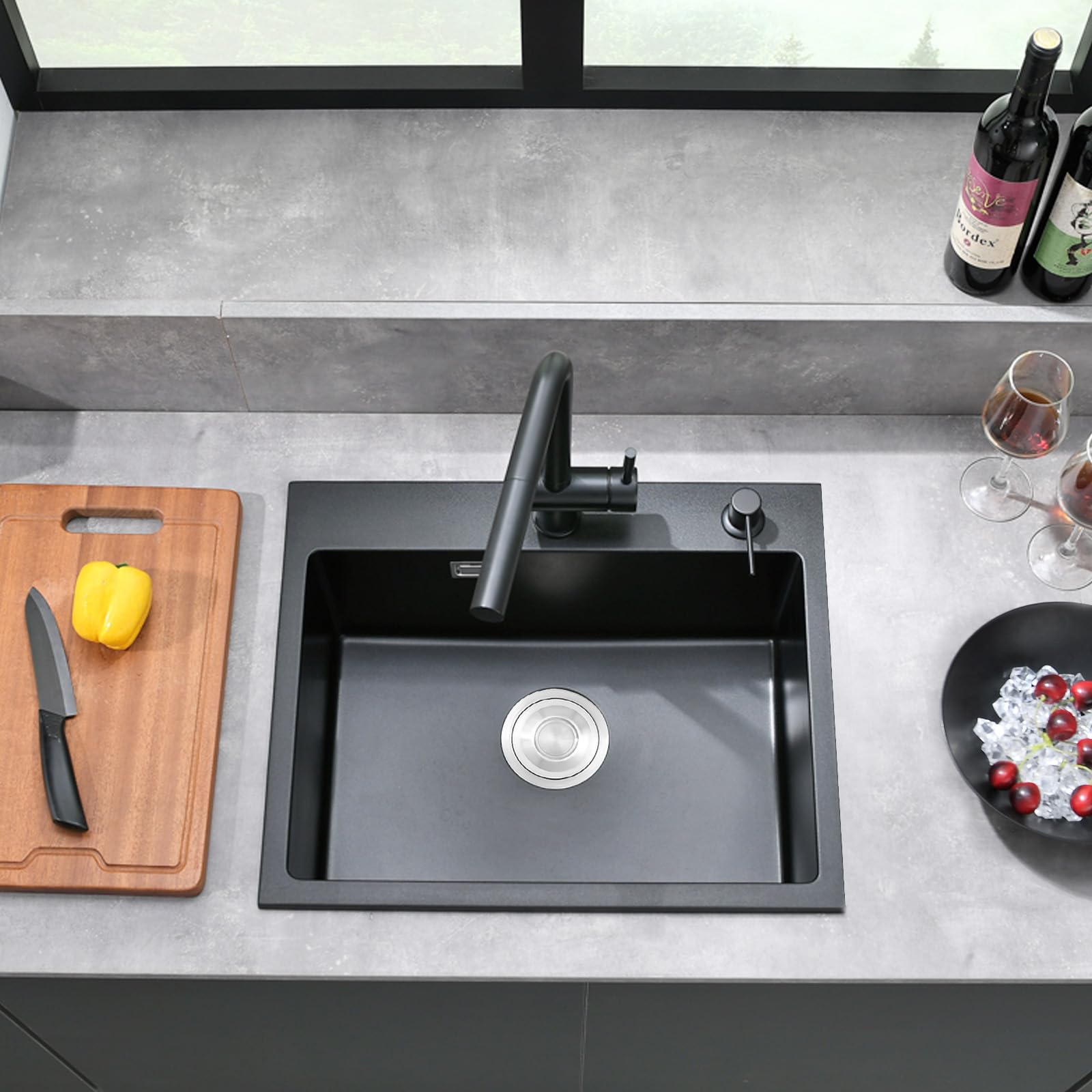 Fregadero de granito negro 50x45cm, fregadero negro, fregadero de cocina rectangular, moderna instalación empotrada de granito, lavabo de cocina, fregadero de cocina pequeño, lavabo individual con 2