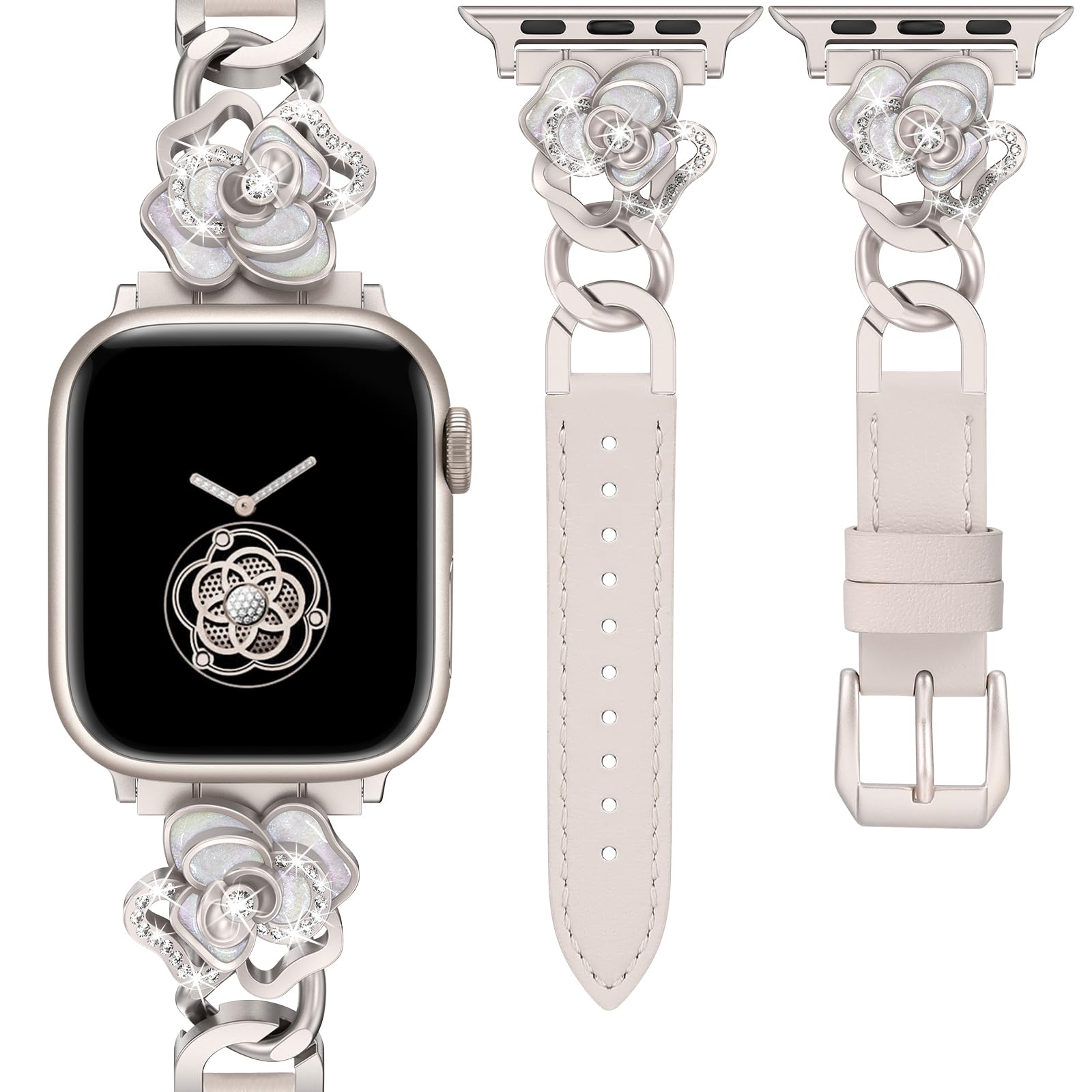 Minyee Compatible with Apple Watch Band 42/41/40/38/44/45/46/49mm Women, Dressy Slim Elegant Leather Metal Chain Strap with Bling Camellia Charms for