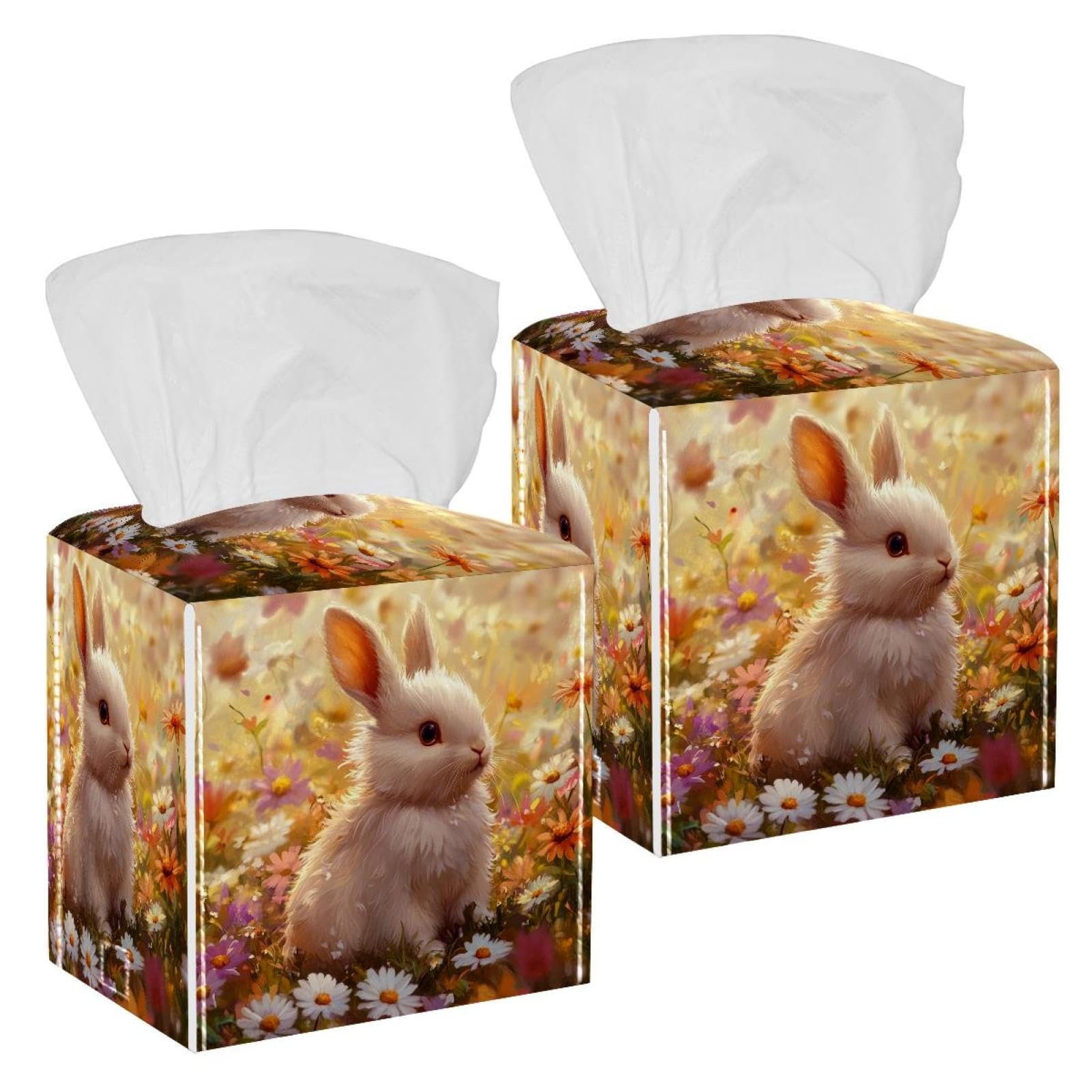 Cute Rabbit Tissue Box Cover, 2 Pack PU Leather Square Facial Tissue Dispenser Box holder for Home Office Car