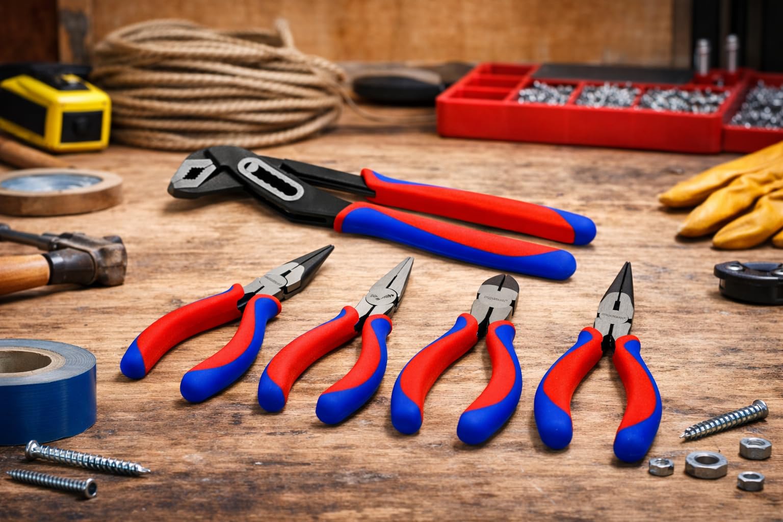 Pinze in acciaio al carbonio forgiato – Impugnature bicolore Blu-Rosso – Superficie lucidata – Set o singole: Pinza acqua, combinata, a becchi lungh, Tronchese (6 pinces)