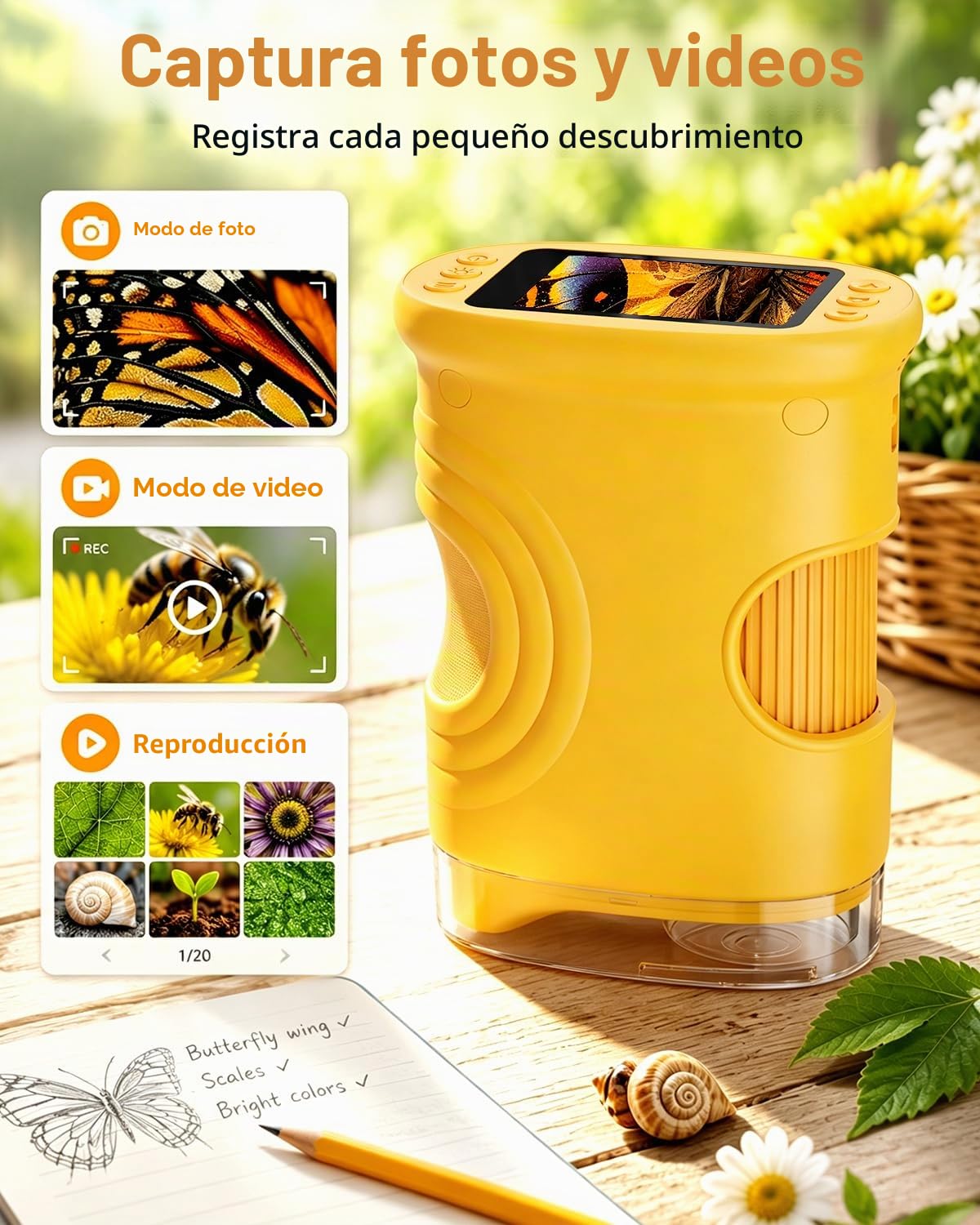 Microscopio de Mano 200X para niños, Pantalla de 2", Recargable, 8 Luces LED Ajustables, Mini microscopios Digitales de Bolsillo, Regalo Educativo para 4 a 12 Años - Naranja