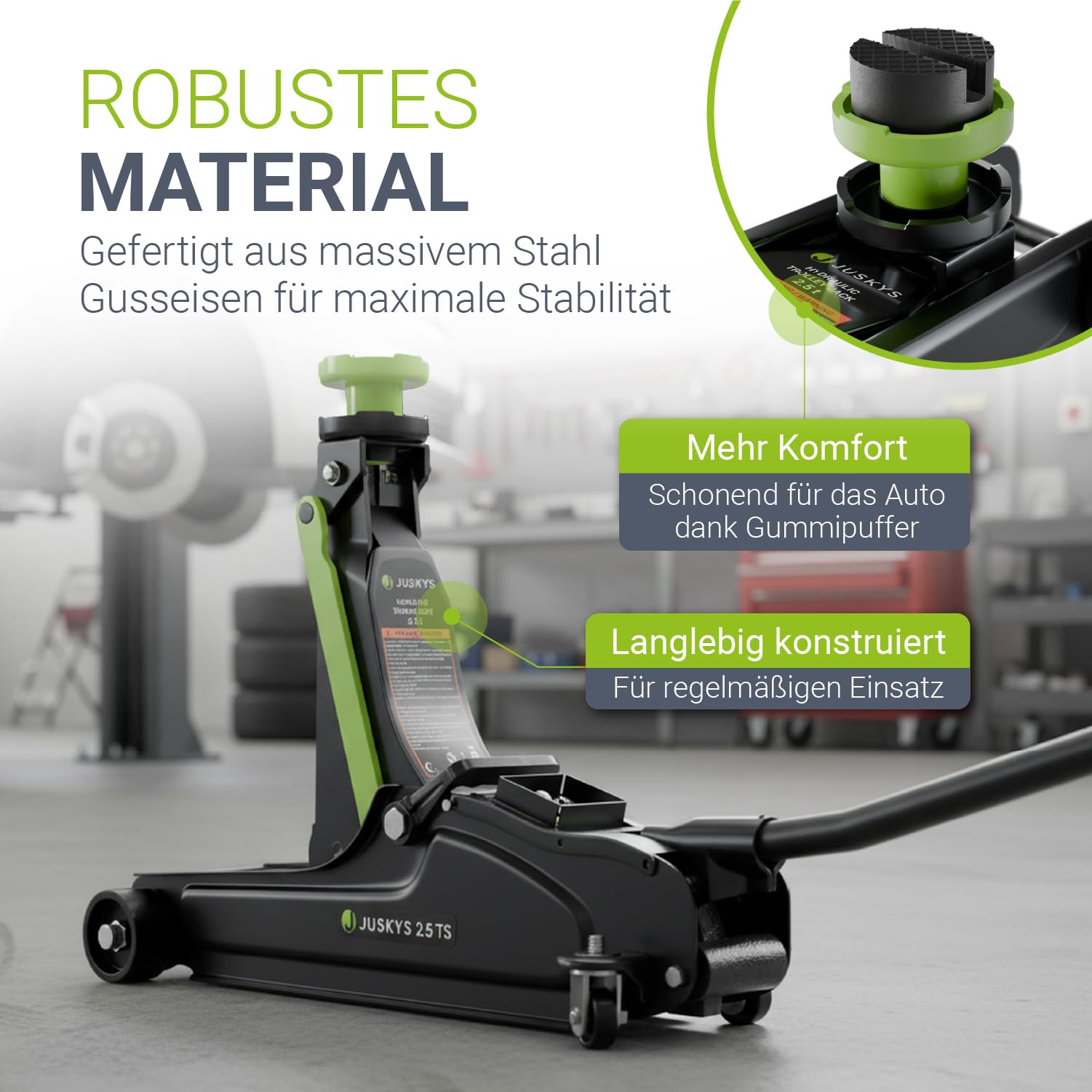 Juskys Wagenheber 2,5 t – Hydraulischer Rangierwagenheber aus Stahl 85–390 mm, mit Transportbox, Gummiauflagen & Zubehör – Schwarz/Grün