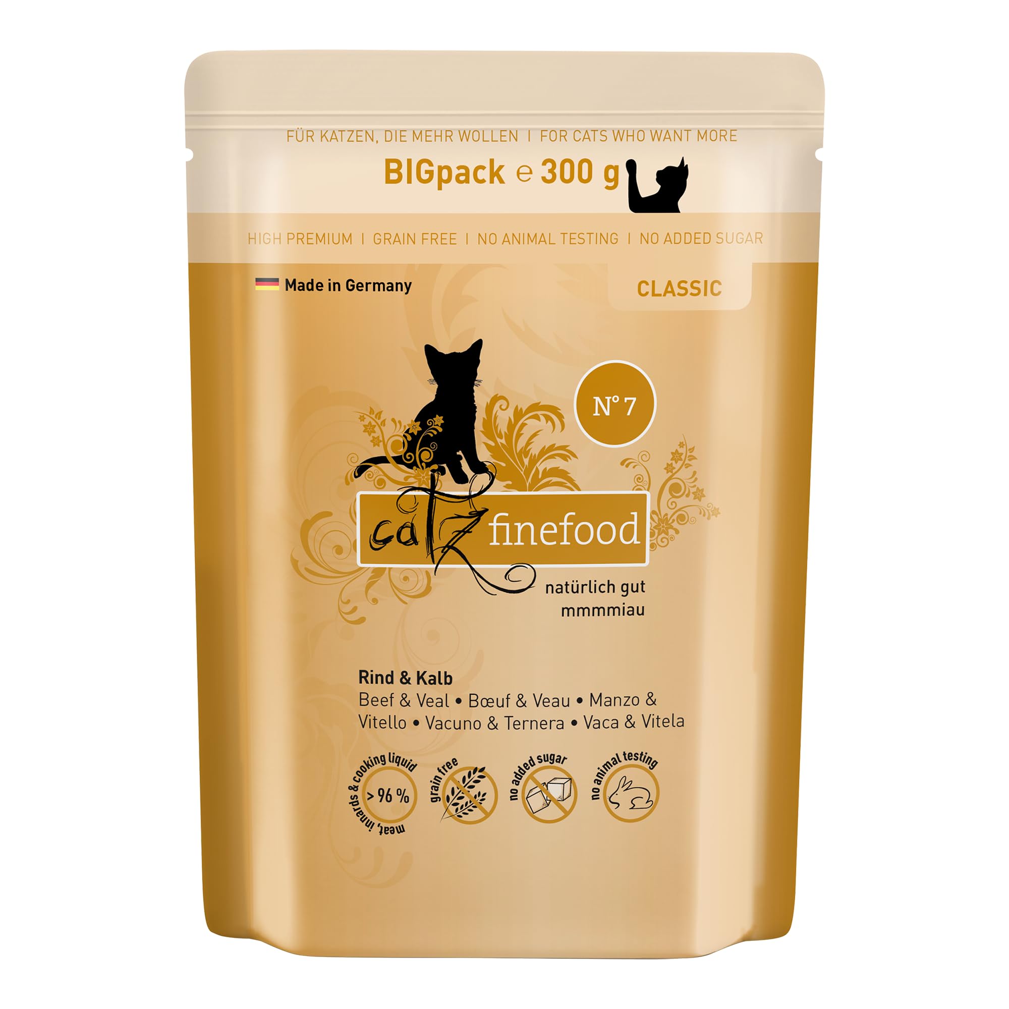 catz finefood N° 7 Rind & Kalb Feinkost Katzenfutter nass, Premium Nassfutter für Katzen ohne Getreide und Zucker mit hohem Fleischanteil (6 x 300g Beutel)