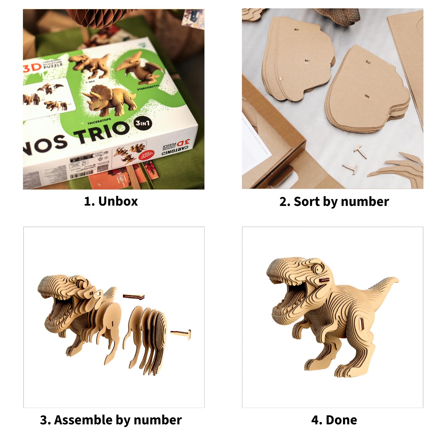 Dinosaurios Trio Puzzle 3D de Cartón – Set 3 en 1, 312 Piezas, Cartón Reciclado Sin Plástico, Escultura DIY para Pintar, Idea de Regalo