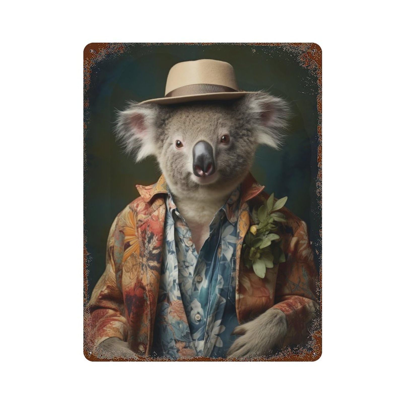 Koala in Boho Suit Rusty Metal Tin Sign 15.7"x11.8", Industrial Home Decor for Garage, Pub Or Kitchen