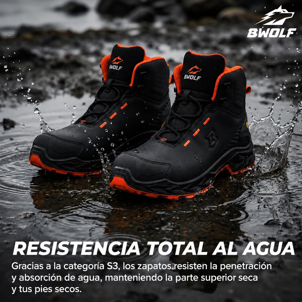 BWOLF FALCON HI S3S Zapatos de trabajo para hombre - Piel lisa negra con puntera de aluminio, entresuela Kevlar, protección ESD