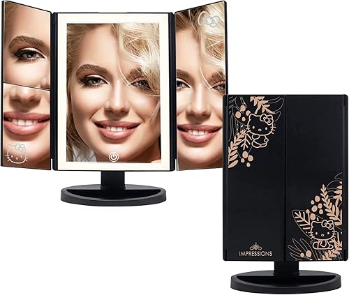 Impressions Vanity - Espejo de Hello Kitty con luces, espejo de maquillaje LED tricolor con sensor táctil y tres paneles de espejo ajustables,