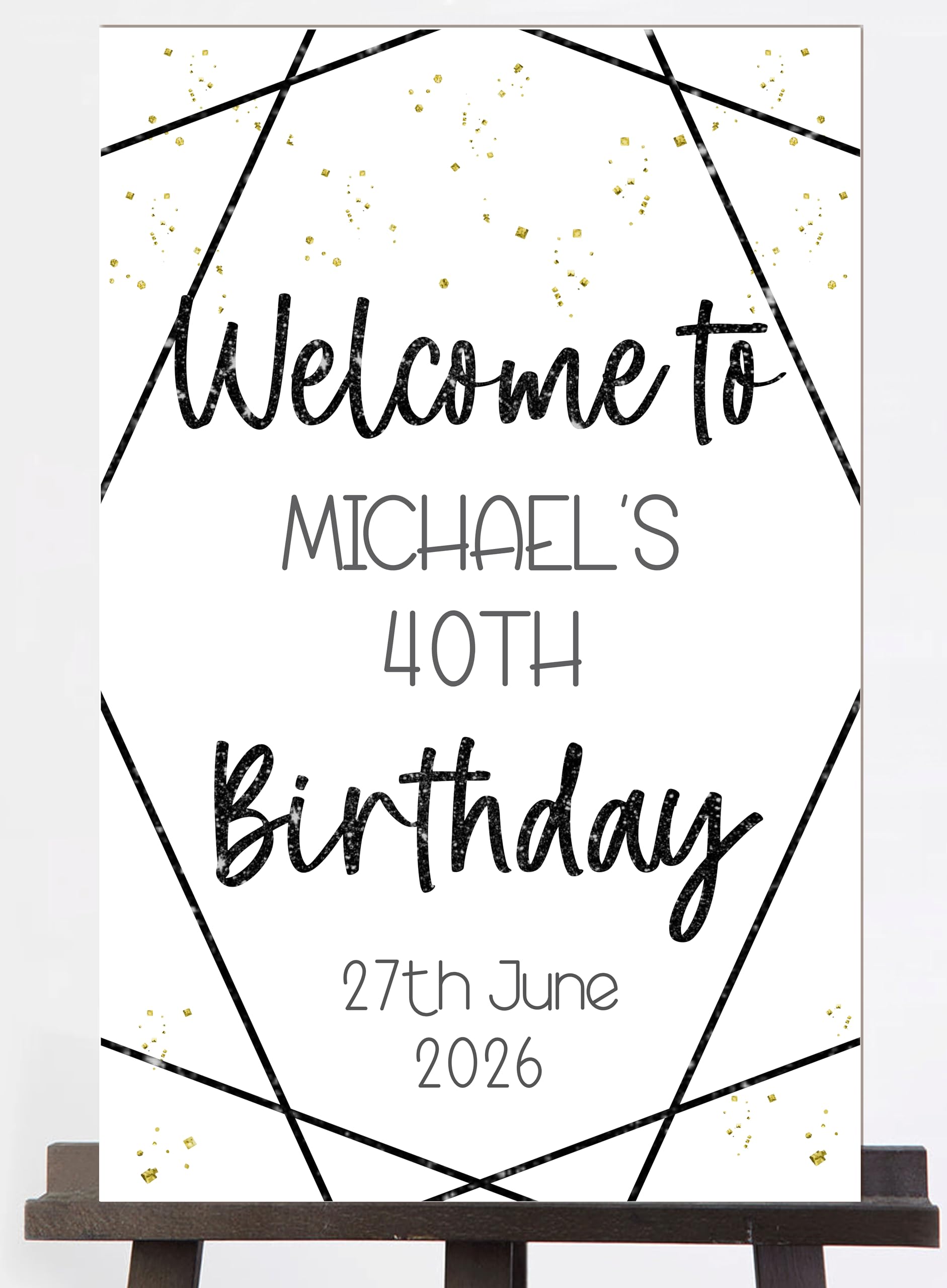Personalised Birthday Welcome Sign – Custom Name Age & Date, Geometric Design, Colour Choices Elegant Party Decoration Keepsake Display Board