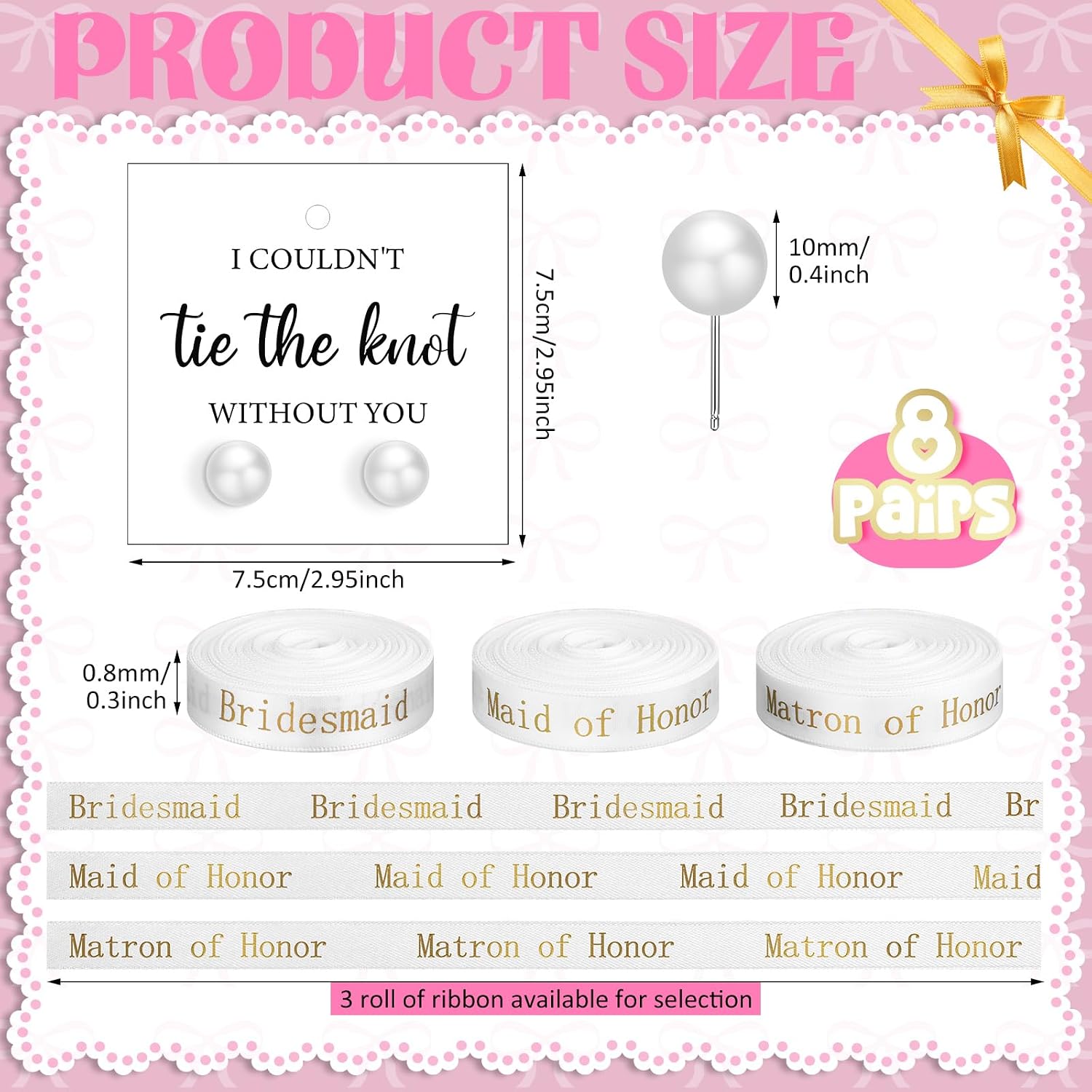 Highergo 8 Sets Bridesmaid Pearl Earrings Bridesmaid Proposal Gifts I Couldn't Tie the Knot Without You Jewelry Gifts Pearl Earrings for Wedding