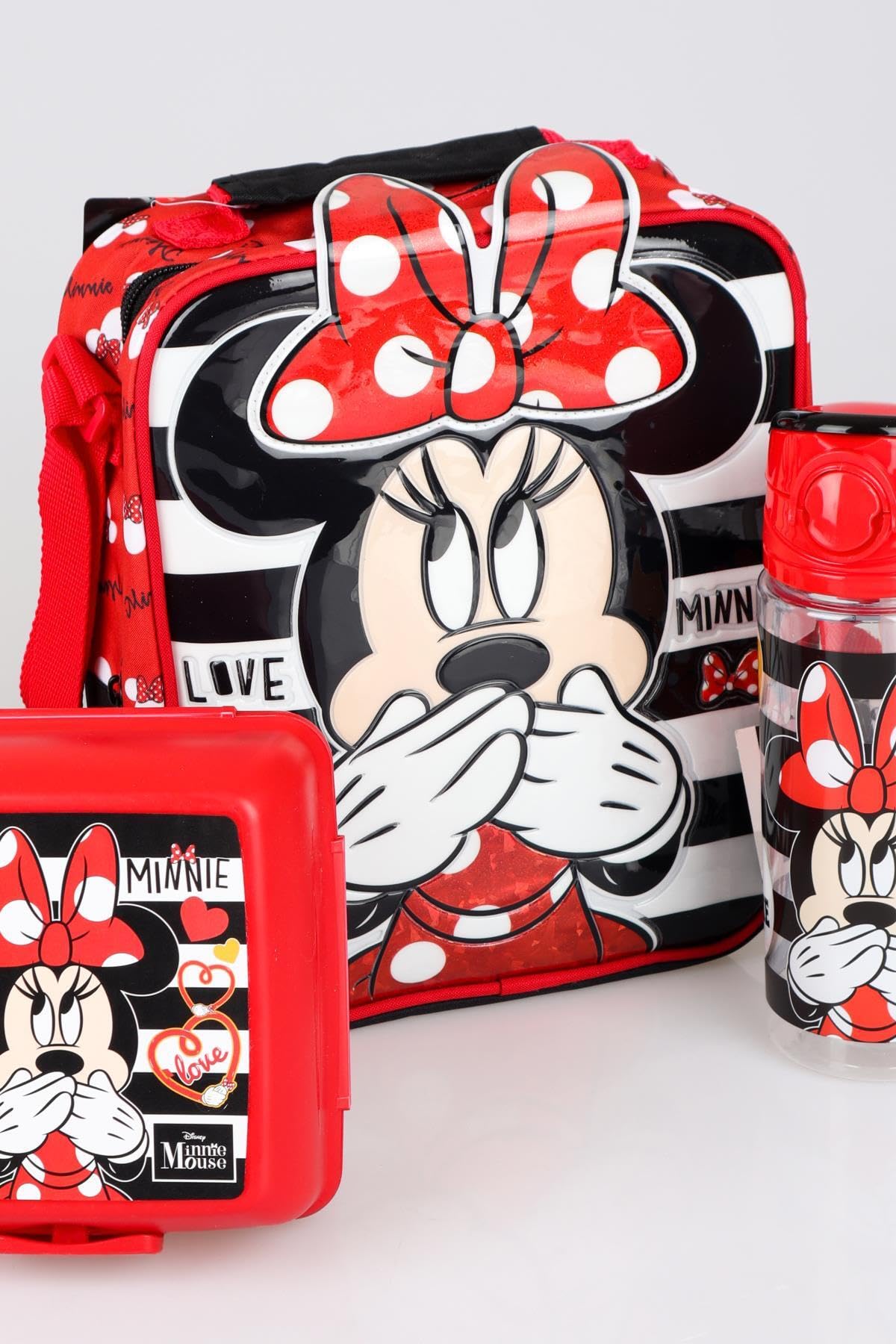 Minnie Mouse Lisanslı Beslenme Çantası, Beslenme Kutusu ve 500 ml Tritan Matara Seti, Kırmızı