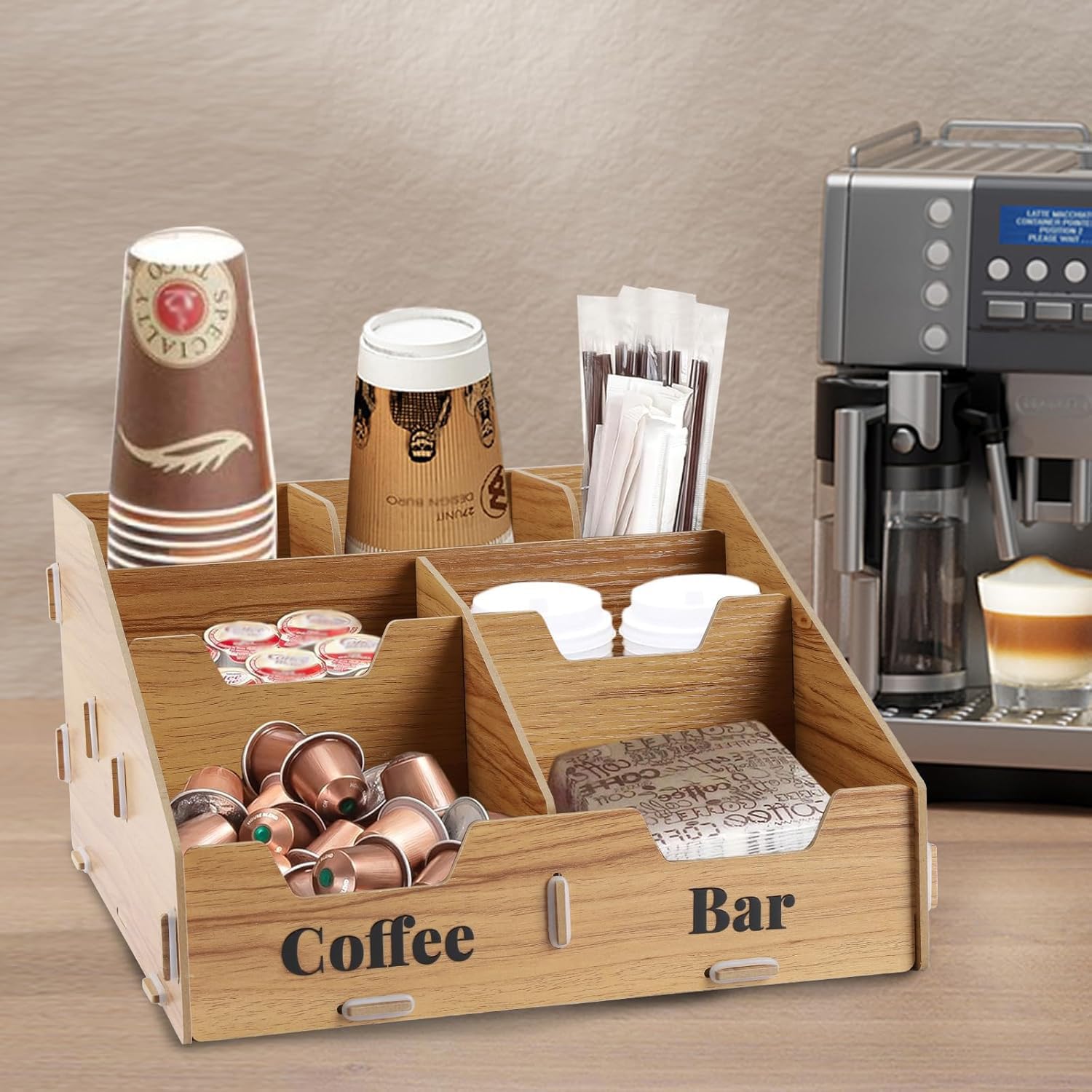 Organizer per caffè in legno con 7 scomparti e divisori rimovibili, stazione caffè e organizzatore per spezie per cucina e ufficio, porta capsule e portabicchieri in legno, accessori per bar