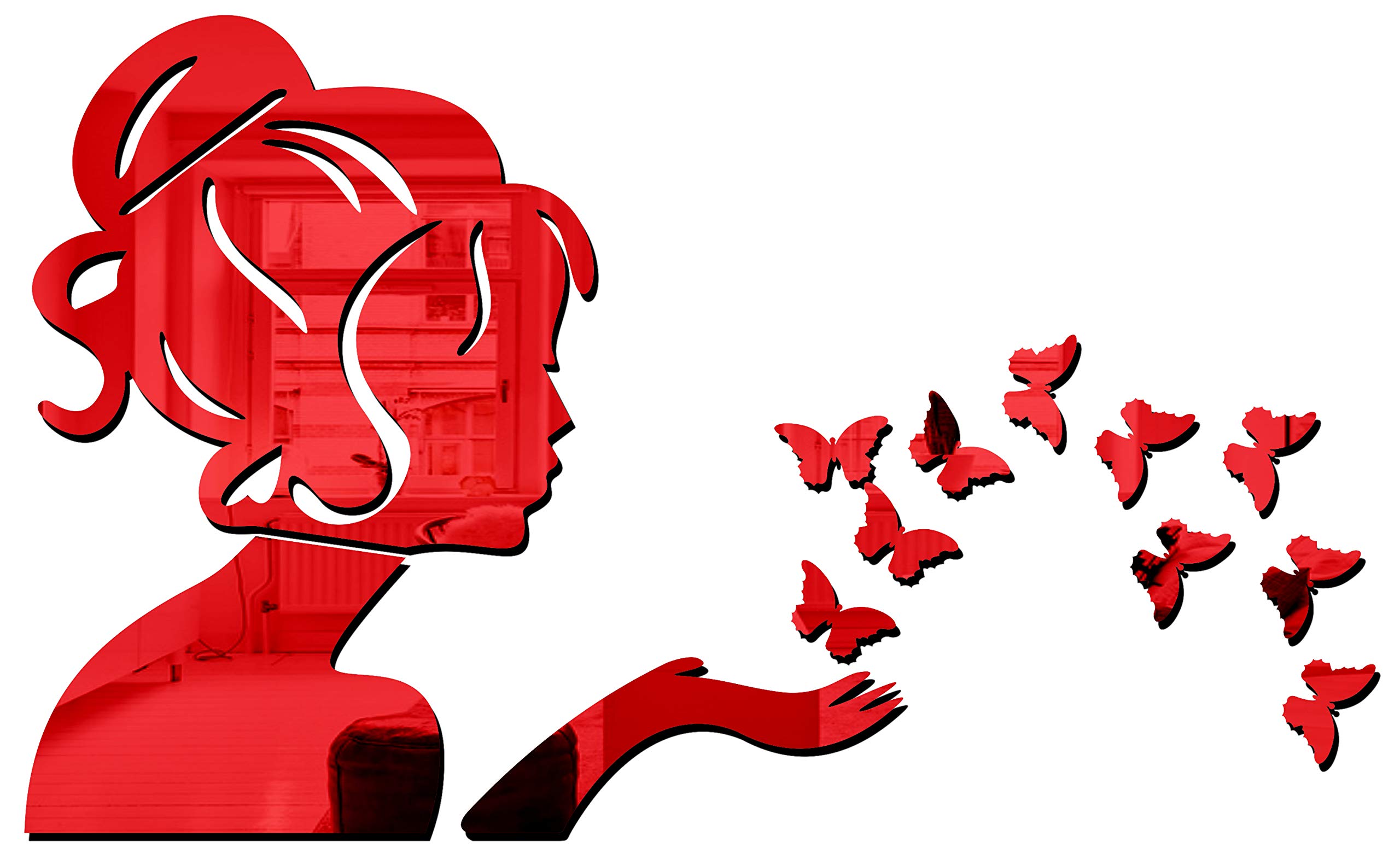 Bikri Kendra - Art BK224,Angel Fairy with Butterfly RED - 3D Acrylic Decorative Mirror Murals Wall Stickers