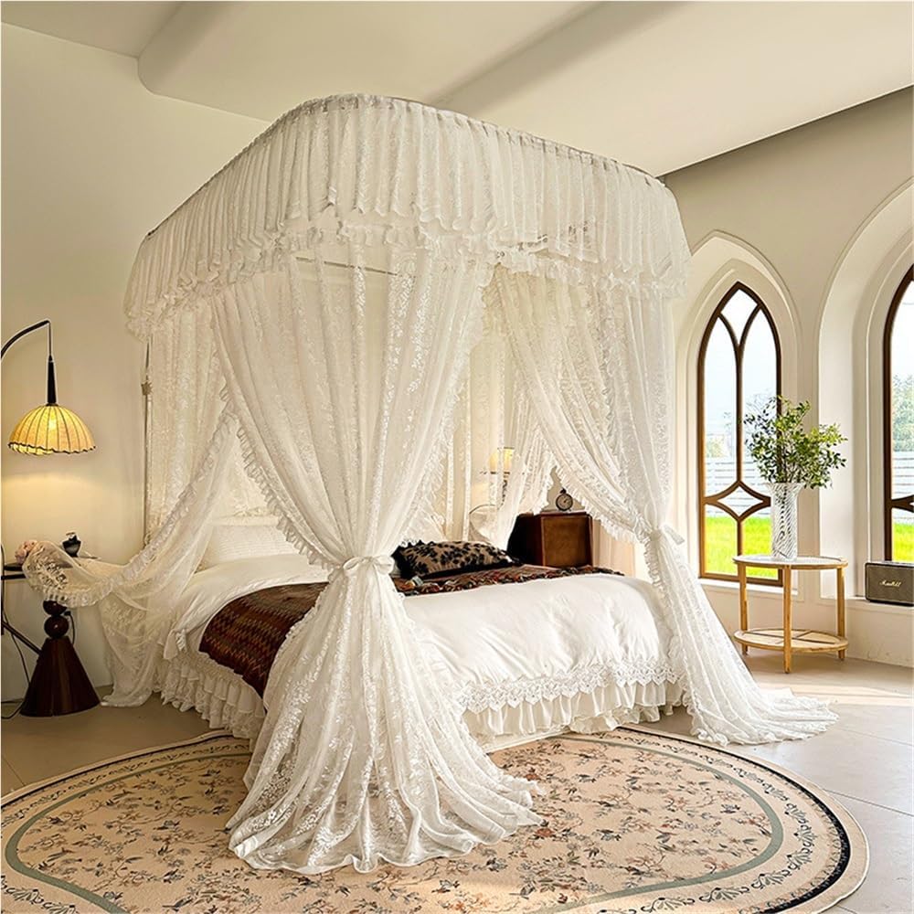 Elegant Bed Canopy Frame Set, Privacy Lace Bed Canopy Set with U-Shaped Metal Frame, 3 Doors Palace Style Bedroom Canopy Curtains, Bedroom Decoration, Screen Netting Canopy Curtains(White,6.6ft*7.2ft)