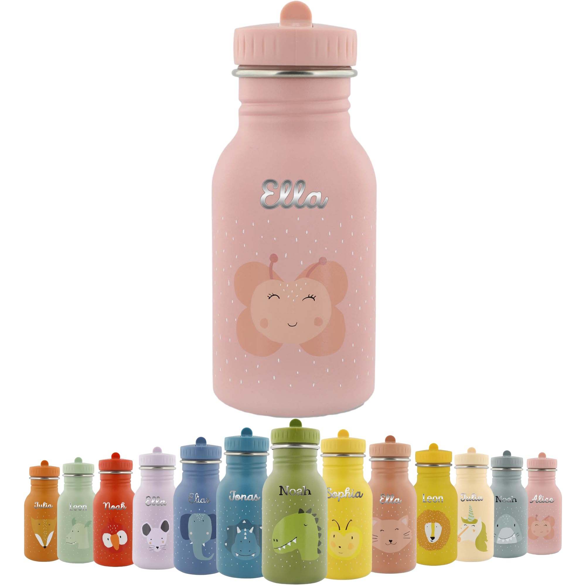 upstitch studio Trinkflasche personalisiert für Kinder, Trixie Flasche personalisiert mit Namen (350ml 500ml) Edelstahl BPA- frei, auslaufsicher, rostfrei