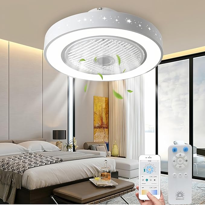 MEGALUZ Ventilador de Techo Led Lampara con Rejilla 12 Pulg con control 3 Vel, Elegante Retro,Lámpara ventilador de dormitorio,3000K-6500K/Brillo ajustable,Control inteligente,foco ventilador de techo