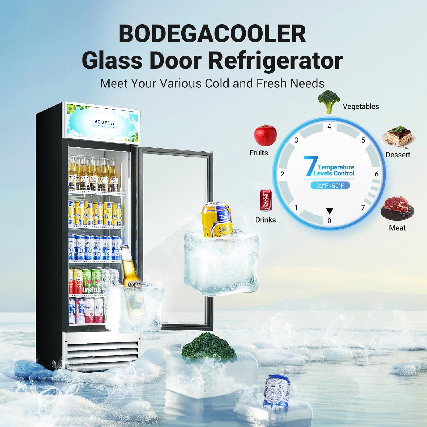 BODEGACOOLER Glass Door Refrigerator showing a temperature dial with settings from 0 to 7, corresponding to a range of 32°F-50°F, suitable for various items like drinks, fruits, vegetables, desserts, and meat.