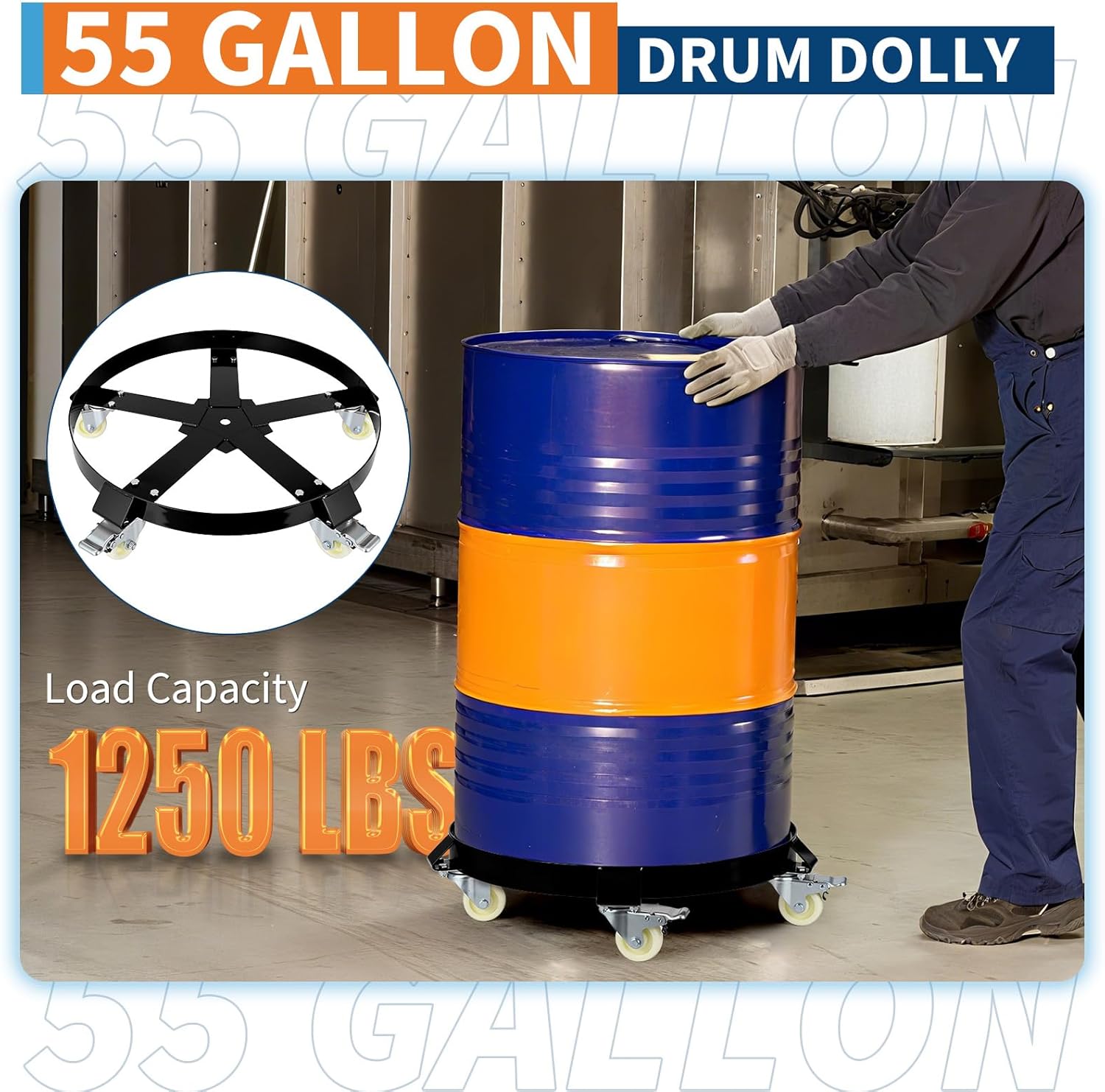 GarveeTech 55 gal Drum Dolly,1250 LBS Load Capacity Barrel Dolly with 360° Swivel Casters Wheel & Cross Braces,Barrel Cart with Brake,Non Tipping Dollies for Warehouse Drum Handling