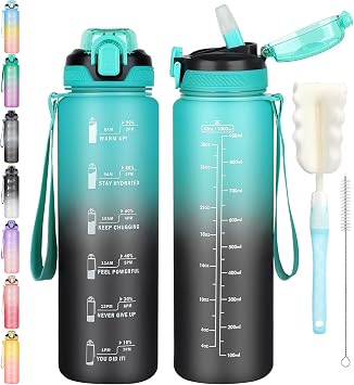 CodiCile 1L Water Bottle with Straw,Water Bottle Dishwasher Safe,Leak-proof Sports Drinks Bottle with Time Maker & Bottle Brush,Non-Toxic for Running,cycling, Gym, School & Office,Green black