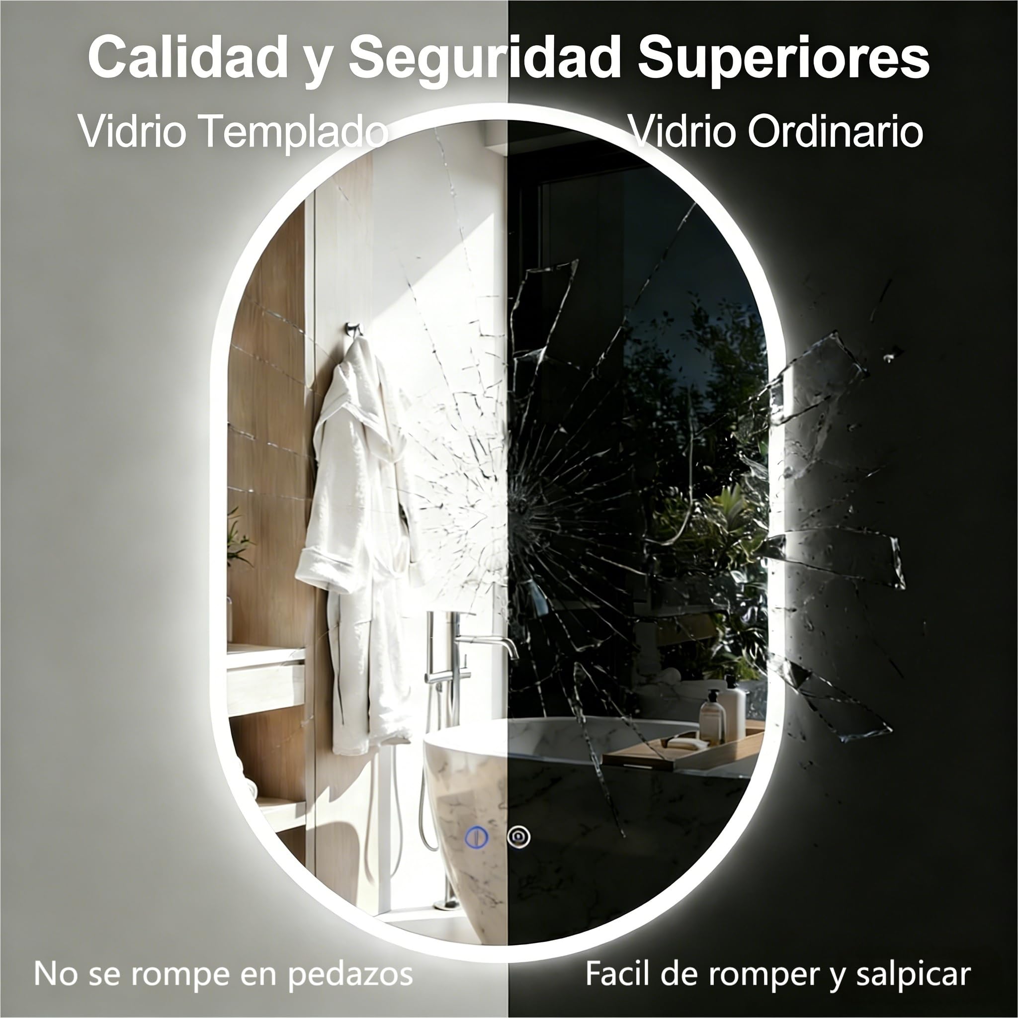 COSTWAY Espejo de Baño Iluminado con LED, Espejo Ovalado sin Marco con Luz, Vidrio Templado HD Antiimpacto Seguro, Función Antivaho, Interruptor Táctil y Temperatura de Color Regulable (90 x 55 cm)