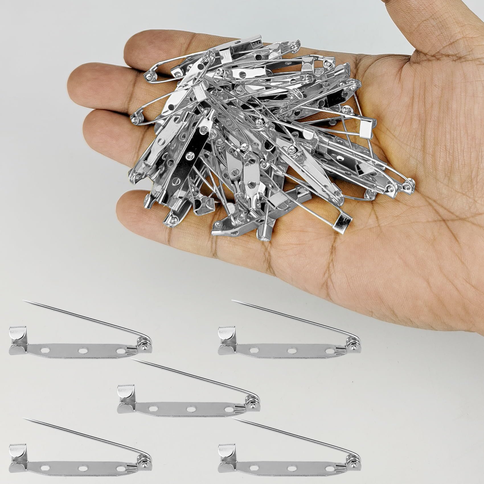 50 alfileres de boutonniere, broches de seguridad, pines de ramillete, pines de insignia con agujeros para manualidades de joyas, tela de costura (35 mm, plateado)