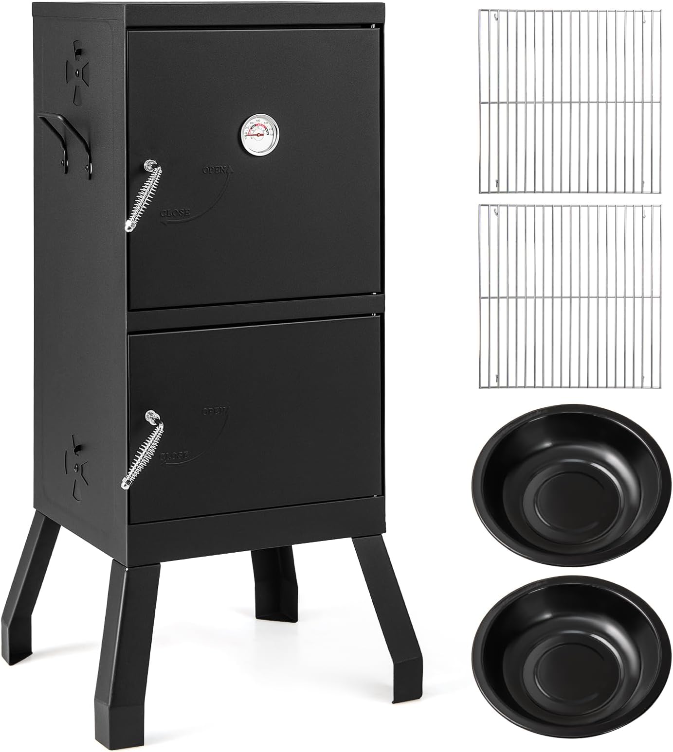 Giantex Outdoor Smoker with Double Doors, 2 Detachable Grill Netting Smoking Racks, Charcoal Pan & Water Pan, 4 Air Vents, Thermometer, Vertical Charcoal Smoker for Barbecue Camping Backyard Grill
