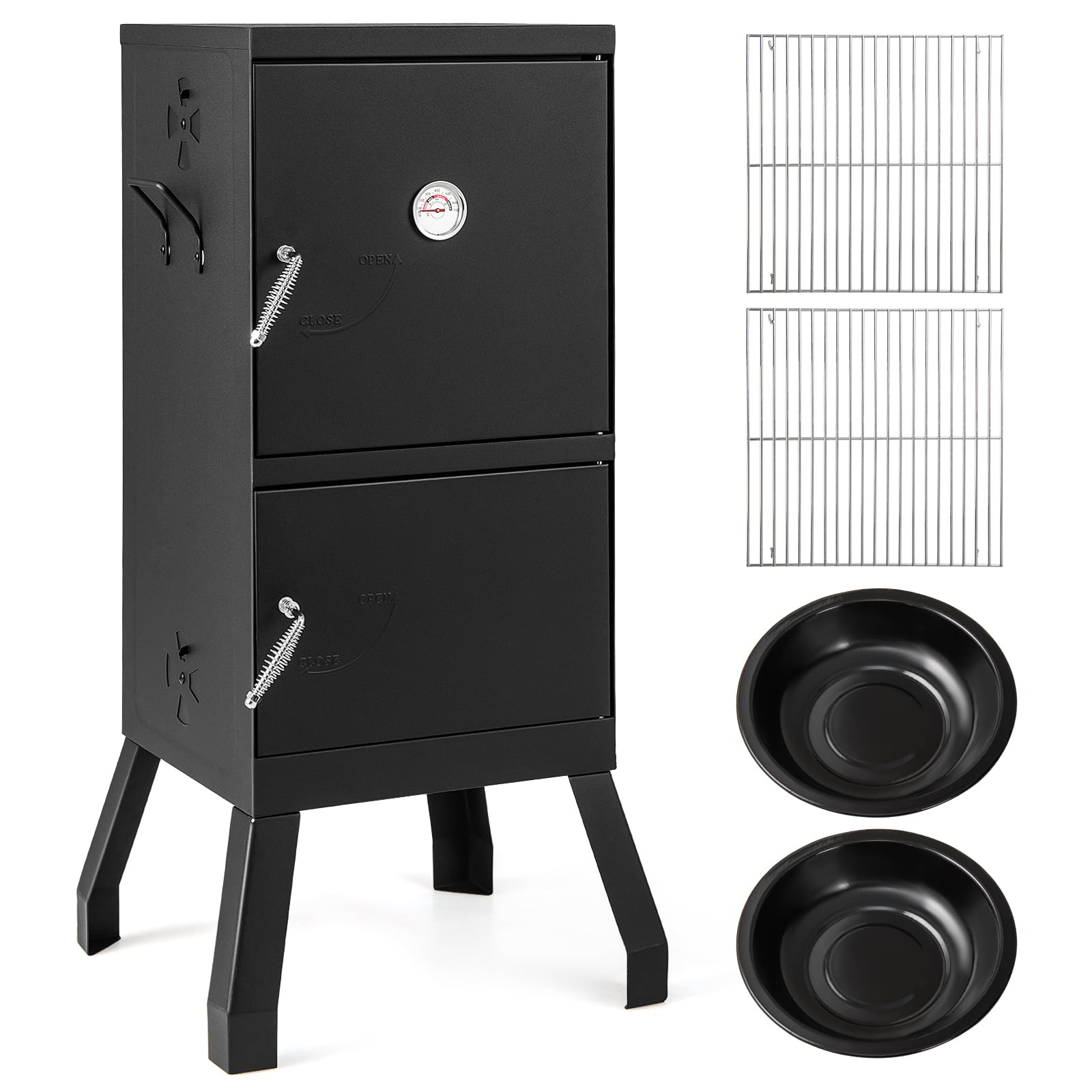 Giantex Outdoor Smoker with Double Doors, 2 Detachable Grill Netting Smoking Racks, Charcoal Pan & Water Pan, 4 Air Vents, Thermometer, Vertical Charcoal Smoker for Barbecue Camping Backyard Grill