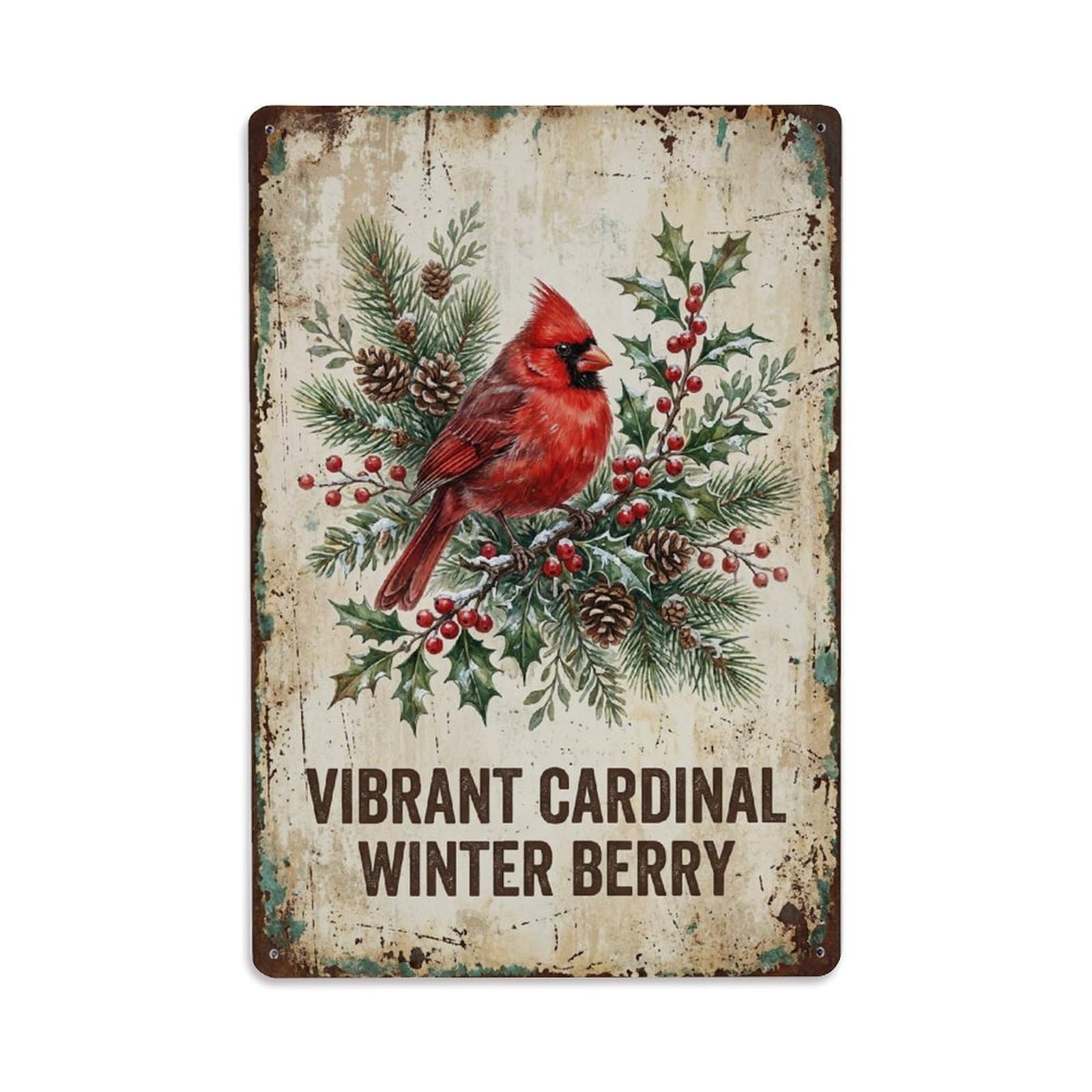 Vibrant Cardinal Winter Berry Evergreen Metal Tin Sign