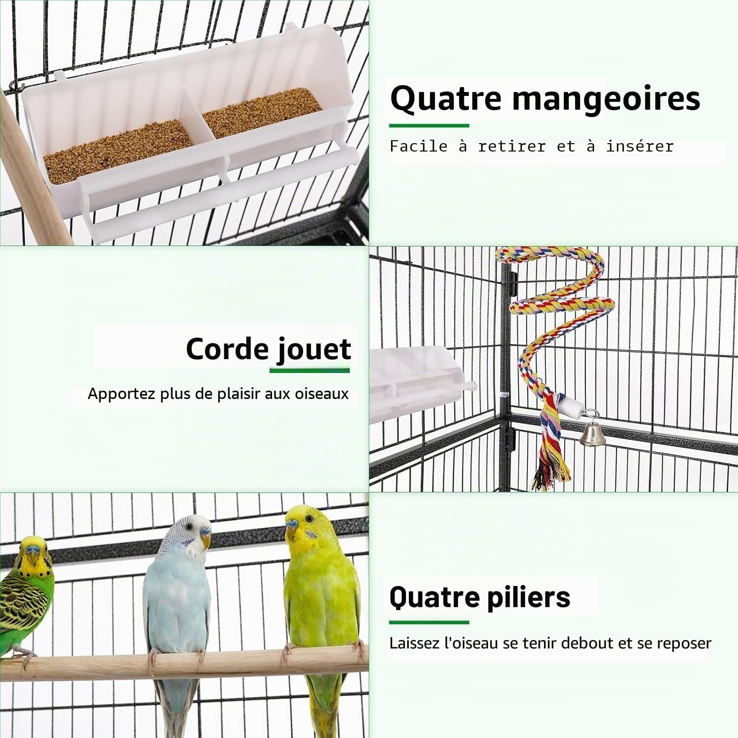 LIFERUN Grande Cage Oiseaux, Volière pour Oiseaux en Métal avec Corde Jouet | Cage Oiseaux avec 4PCS Roulettes, 2 Portes, 4 Perchoirs & 4 Mangeoires - pour Canaries Perroquet Perruches-132 x 78 x 52 cm