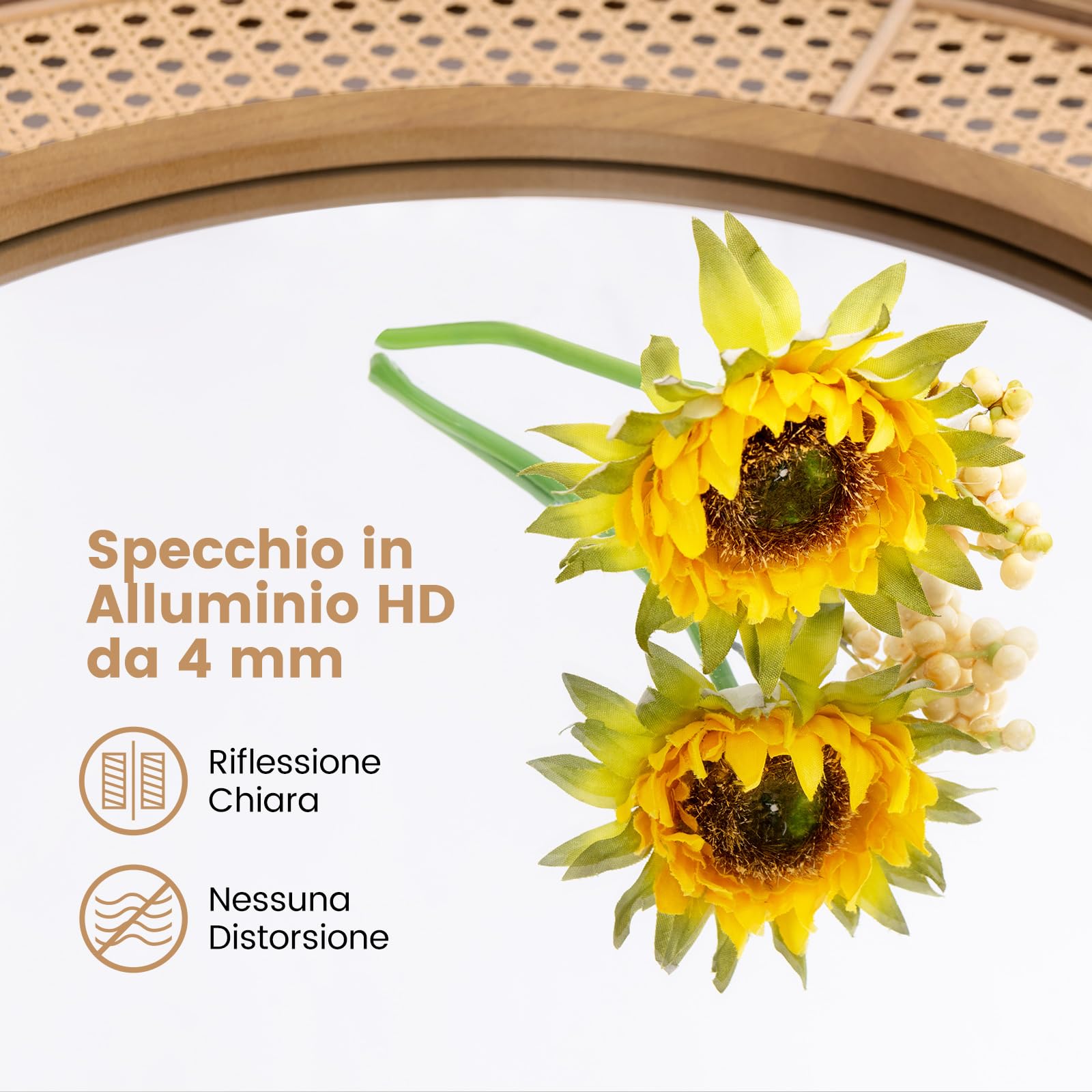 COSTWAY Specchio da Parete Rotondo 40 cm con Cornice in Rattan, Vetro in Alluminio e Gancio Metallico - Decorativo per Soggiorno Camera da Letto Ingresso