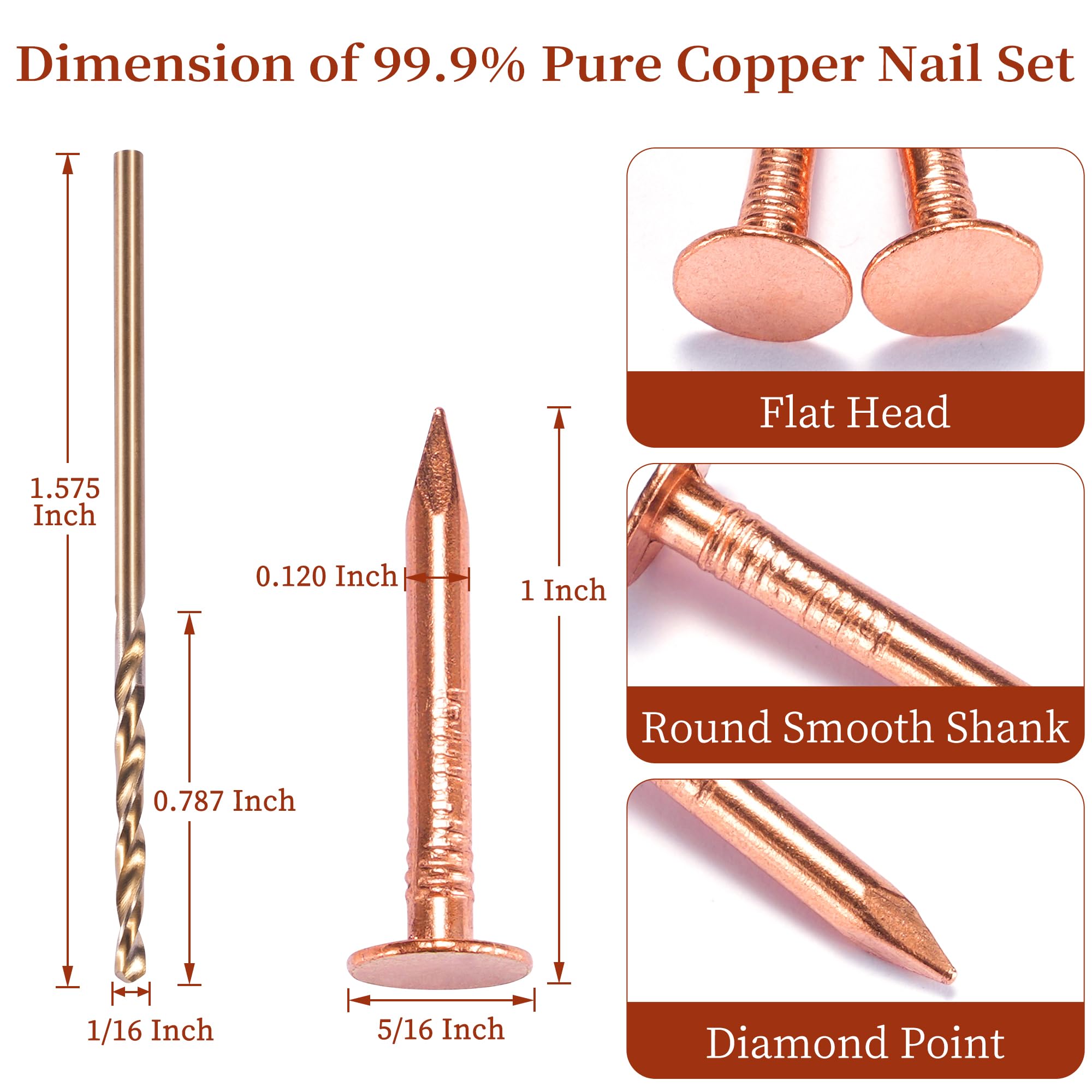 Pure Copper Roofing Nails - 120 Pcs with Drill Bit -2 Pure Copper Roofing Nails - 120 Pcs with Drill Bit -2