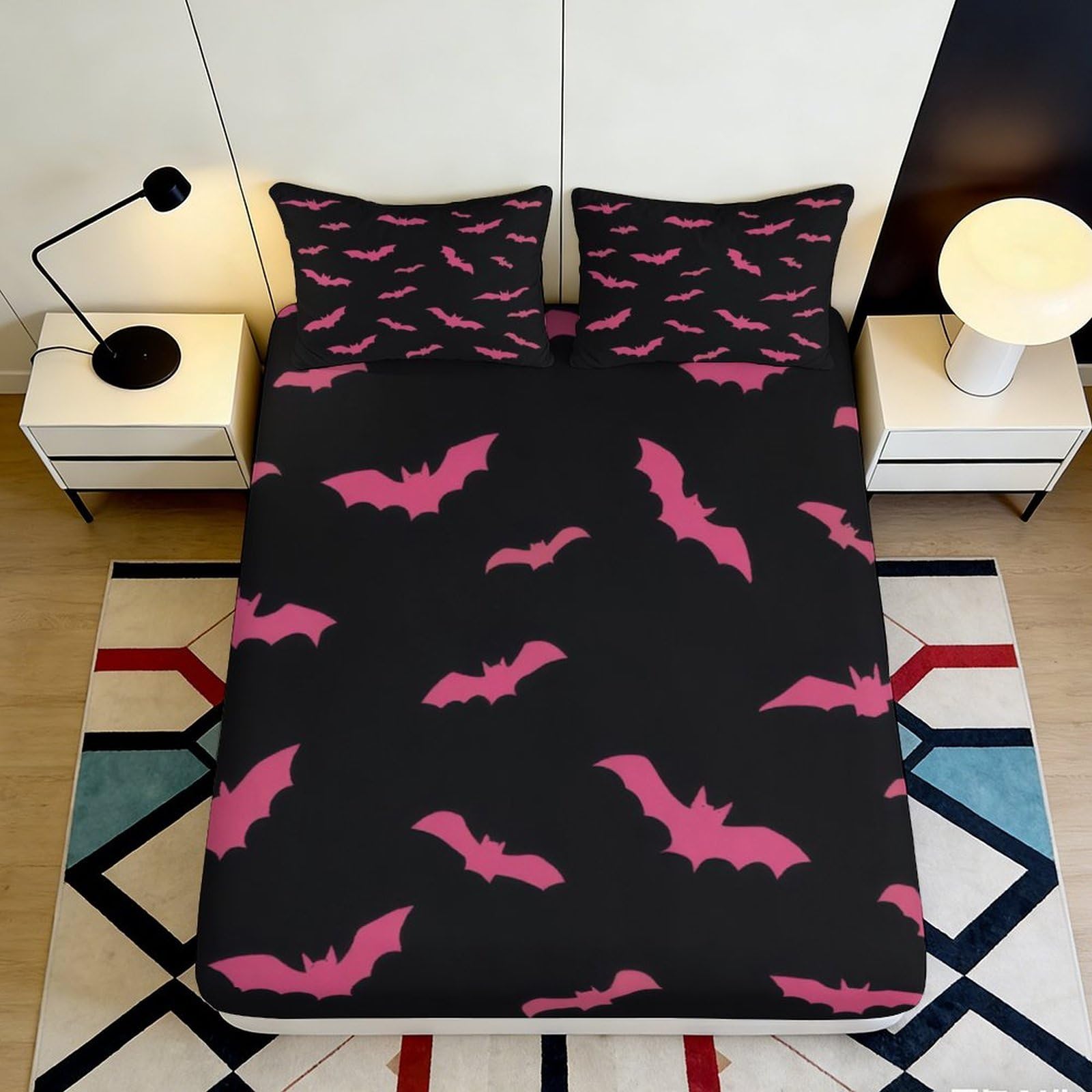 Pnayamiorkfel Style-6 3D Printed Pink Bat Fitted Sheet Microfiber Soft Black Halloween Bed Cover For Bedroom Guest Room Decor Protection 90X200x25cm