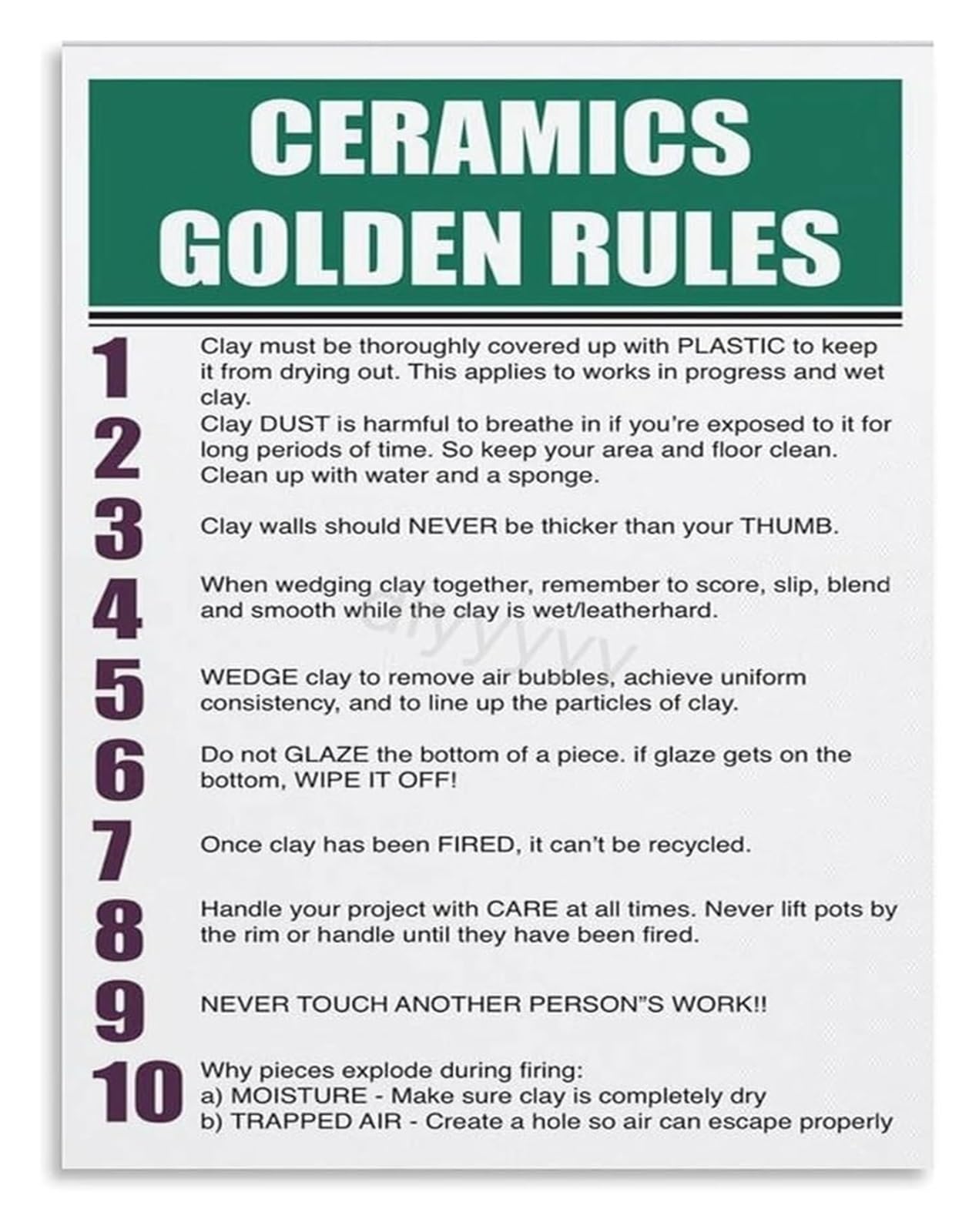 XGINERFEX Clay and Ceramics Poster Foundational Rules and Tips for Successful Pottery Making Kitchen Decor(Unframed,12x18inch(30x45cm))