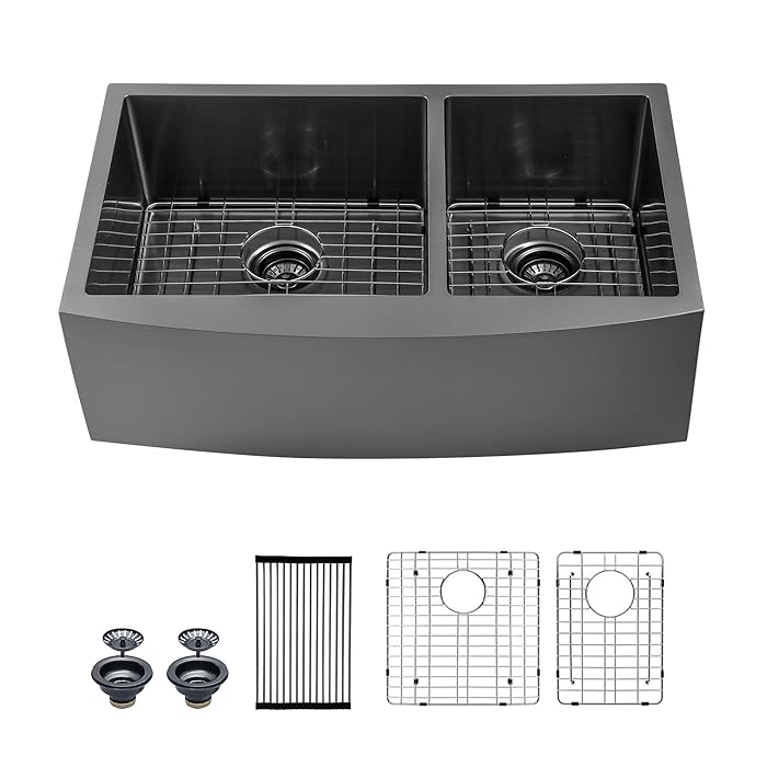 Buy Black Double Bowl Farmhouse Sink Mocoloo 33"x21" Gunmetal Black