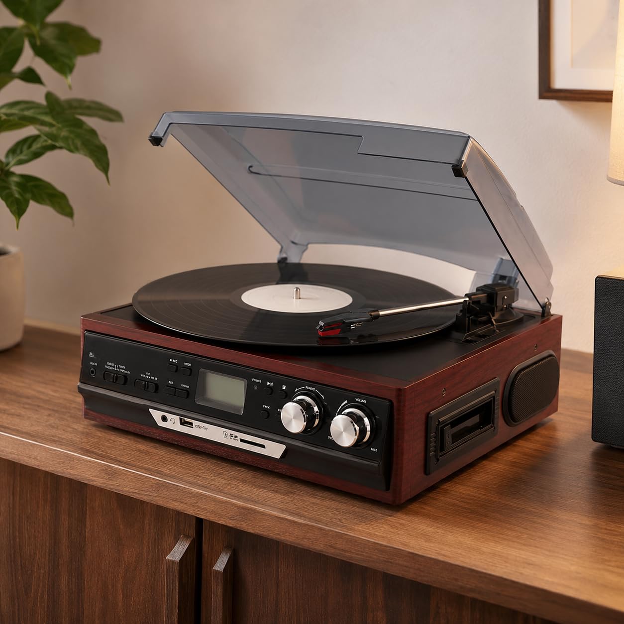 Odtwarzacz płyt vintage z radiem AM/FM, płytą CD, kasetą i głośnikami | Gramofon z trzema prędkościami z odtwarzaniem USB i nagrywaniem MP3 z winylu, płyt CD i radia FM.