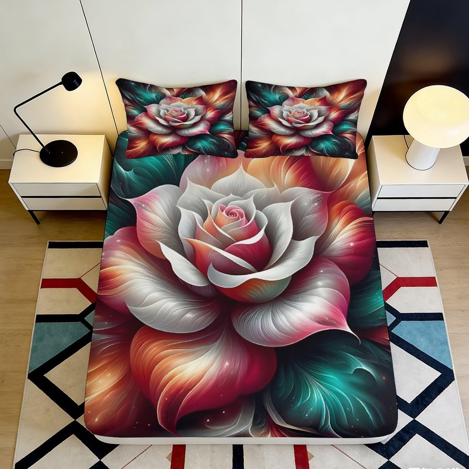 Jqzkxnhpbr Style-8 3D Printed Rose Blossom Fitted Sheet Microfiber Soft Anti-Slip Floral Mattress Cover Bedroom Decor Washable 90X200x25cm