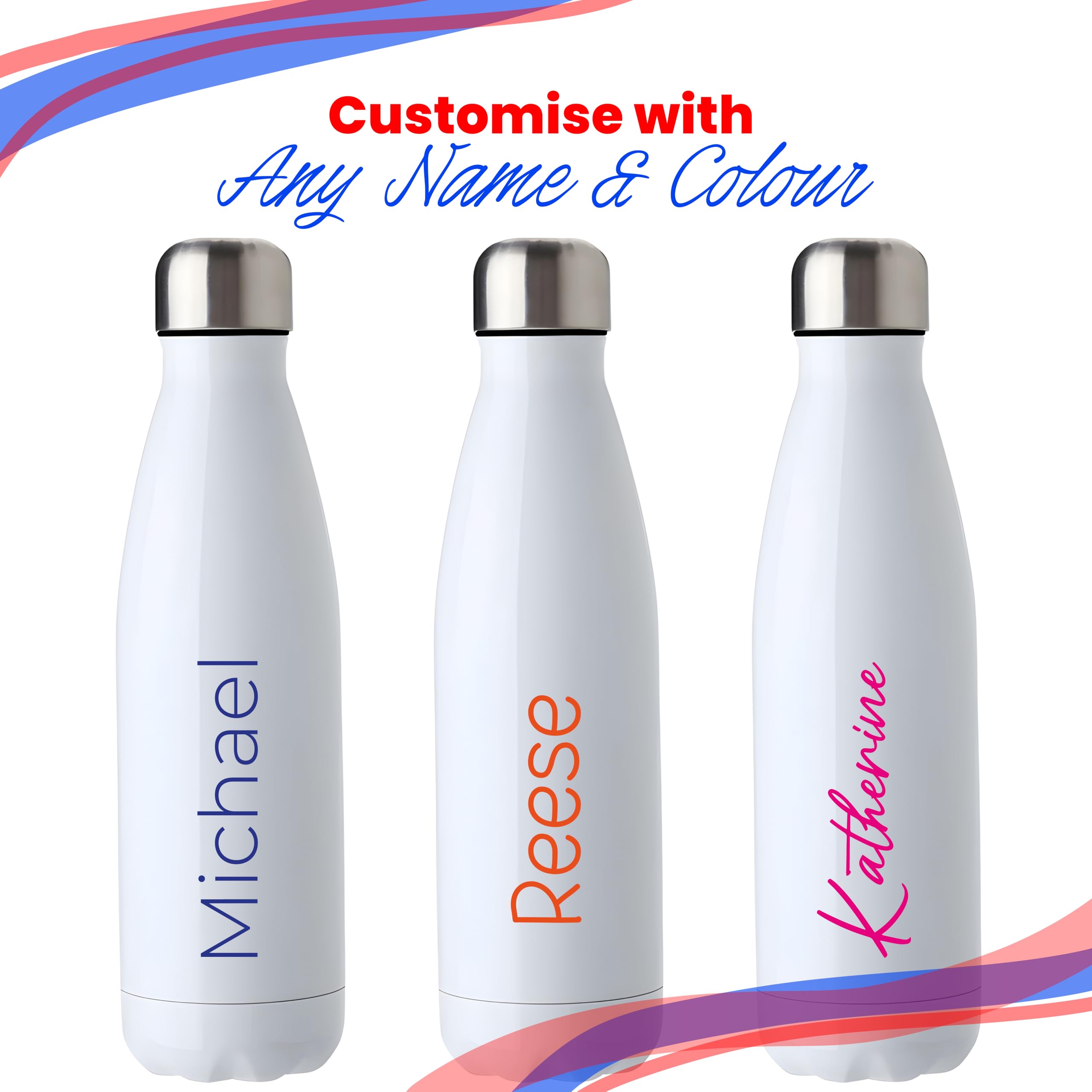 Personalisierte Wasserflasche 500 ml, individueller Name mit wählbarer Schriftart und Farbe, Trinkflasche aus Edelstahl, Geschenkbox inklusive, personalisiertes Geschenk für Kinder und Erwachsene