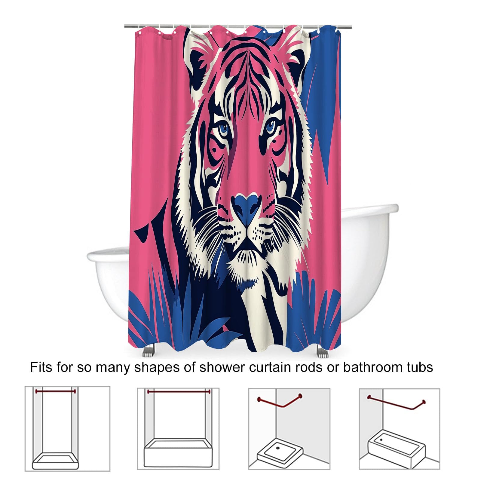 Cortinas de Baño Poliester Lavable, Animales Graffitis Cortina de Ducha, Silueta De Tigre Cortina Ducha 200x200cm, Estampado Cortina Bañera Secado Rápido con 12 x Ganchos
